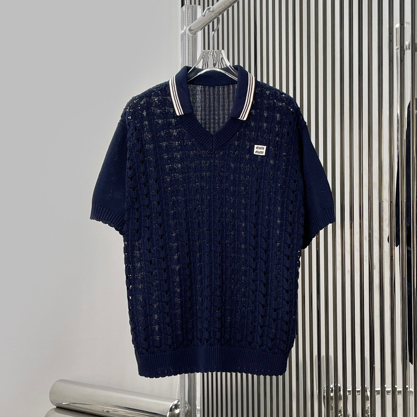 Miumiu 2026 Openwork Knit Crochet Shirt Navy Blue Wool