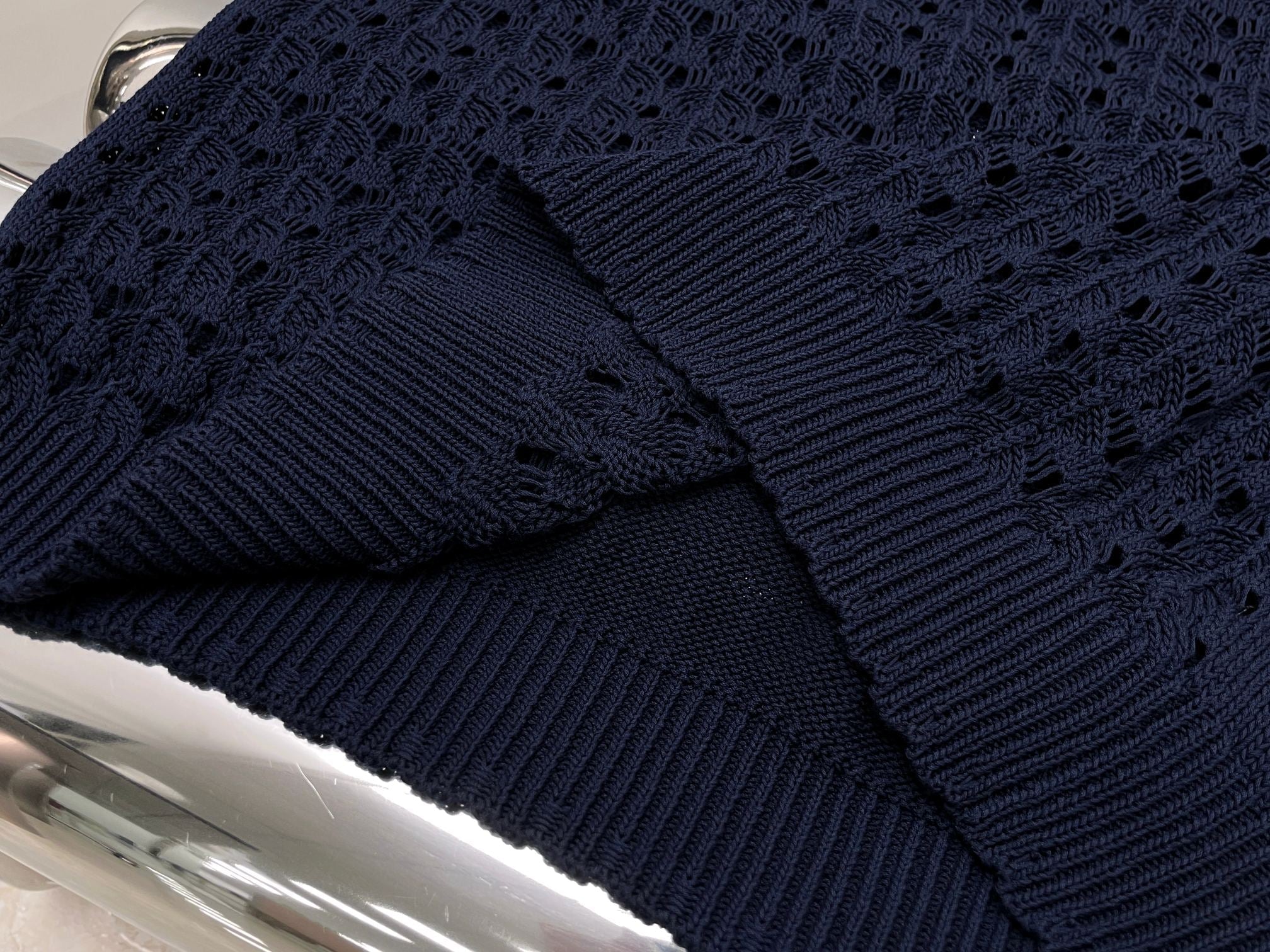 Miumiu 2026 Openwork Knit Crochet Shirt Navy Blue Wool
