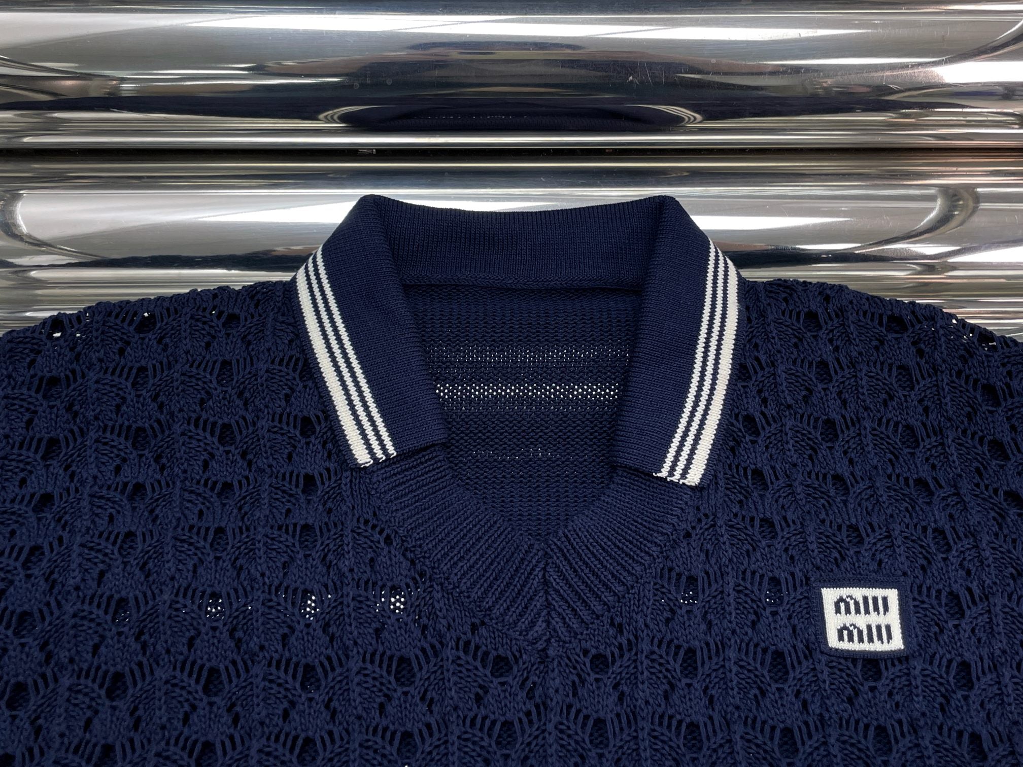 Miumiu 2026 Openwork Knit Crochet Shirt Navy Blue Wool
