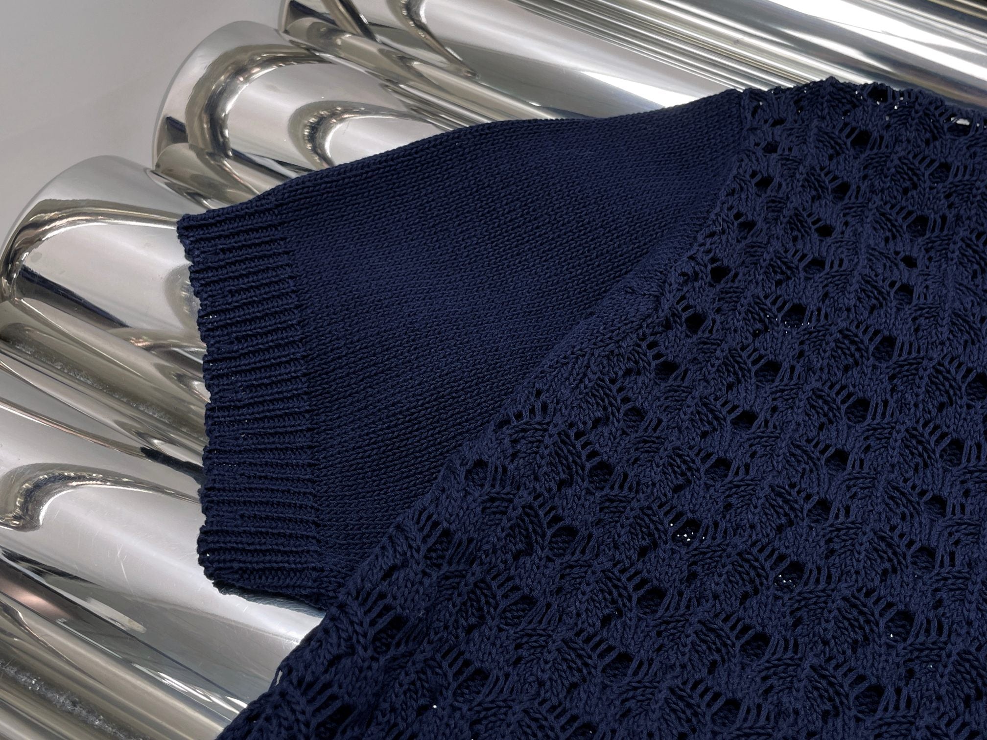Miumiu 2026 Openwork Knit Crochet Shirt Navy Blue Wool