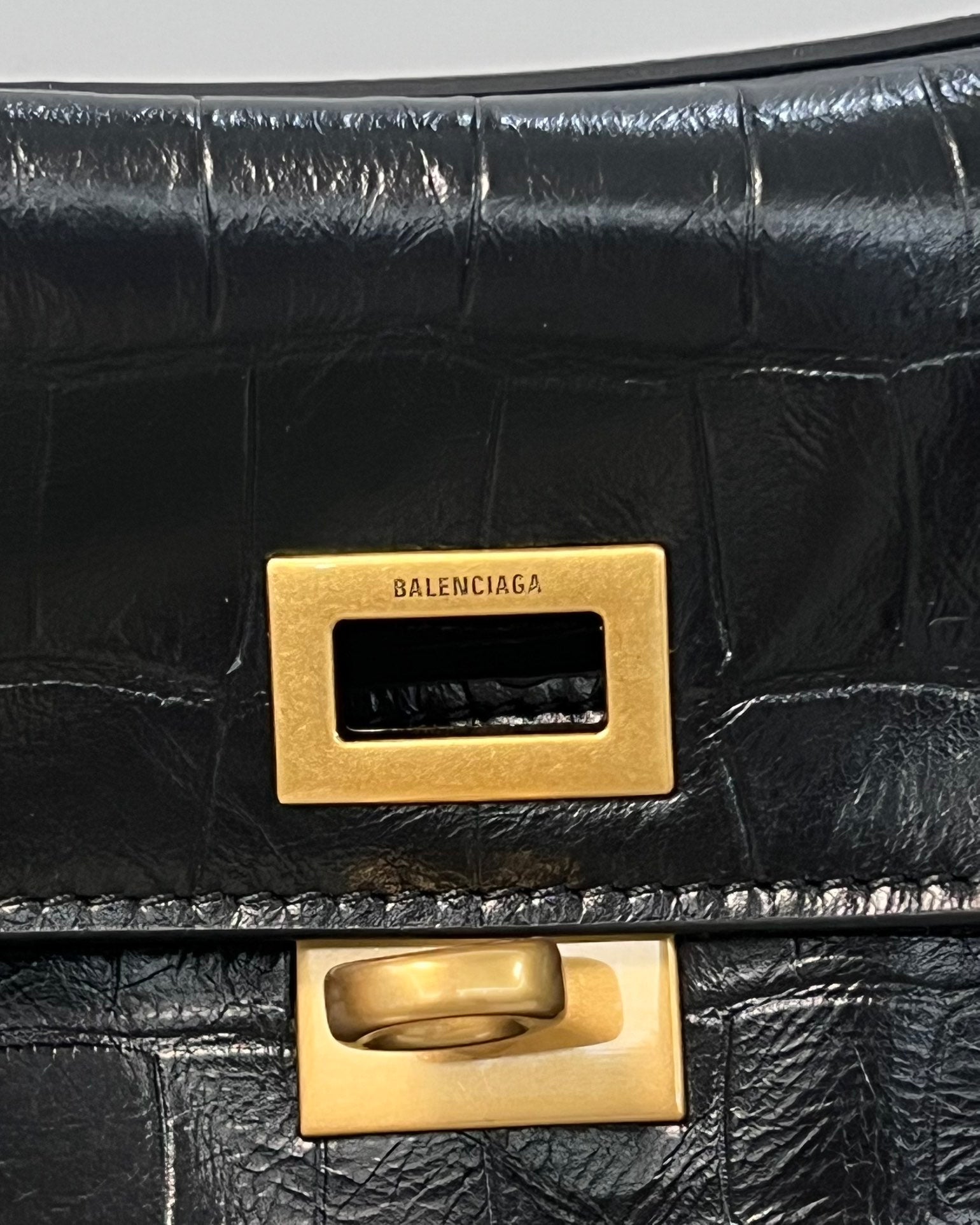Balenciaga Large  Rodeo Crocodile Embossed Bag 40 Black Leather Gold Hardware