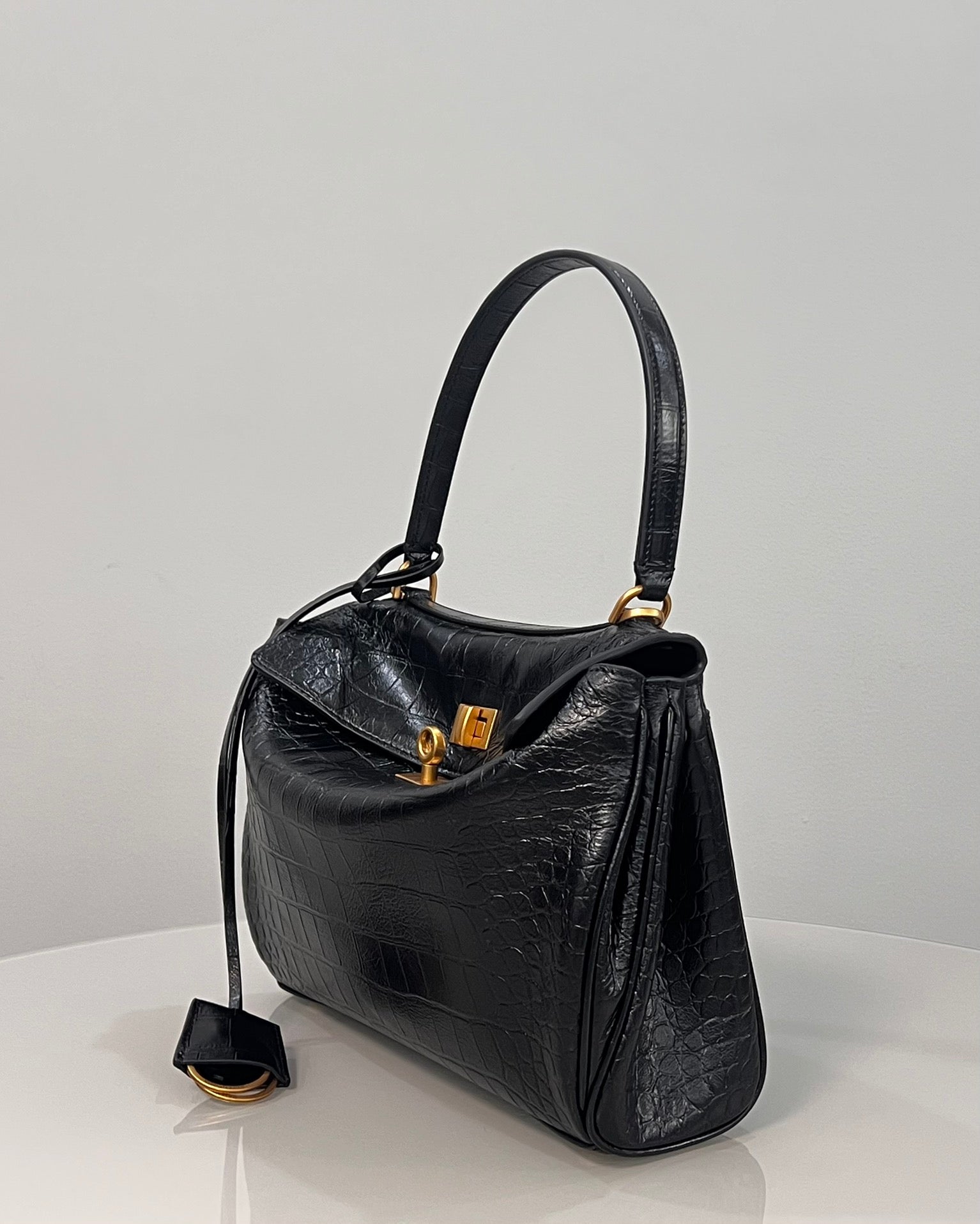 Balenciaga Small Rodeo Crocodile Embossed Bag 29 Black Leather Gold Hardware