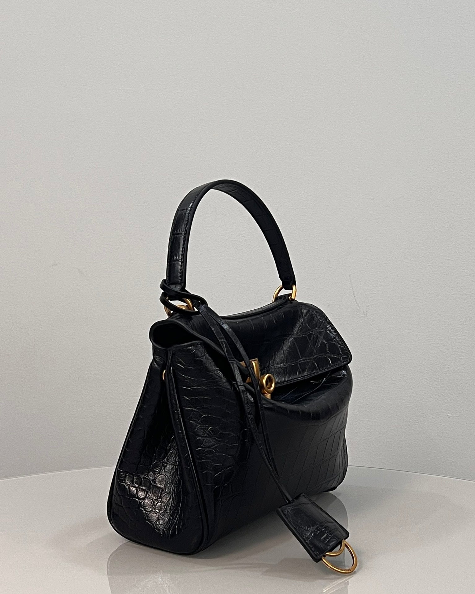 Balenciaga Mini Rodeo Crocodile Embossed Bag 22 Black Leather Gold Hardware