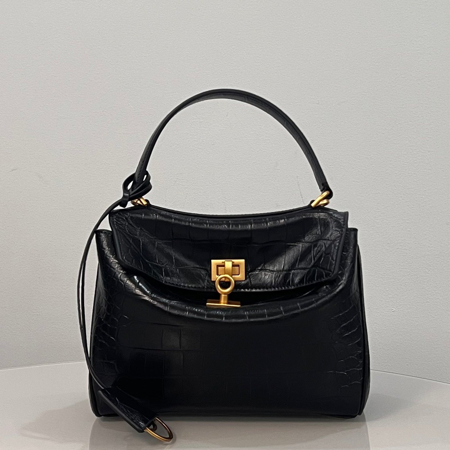 Balenciaga Mini Rodeo Crocodile Embossed Bag 22 Black Leather Gold Hardware