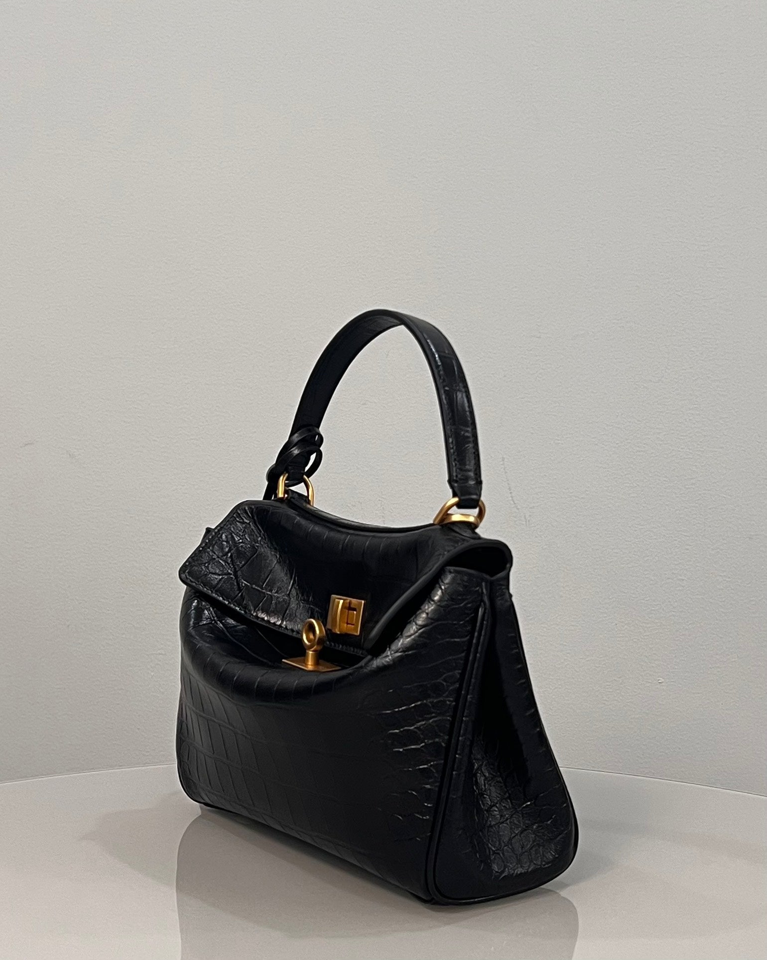 Balenciaga Mini Rodeo Crocodile Embossed Bag 22 Black Leather Gold Hardware
