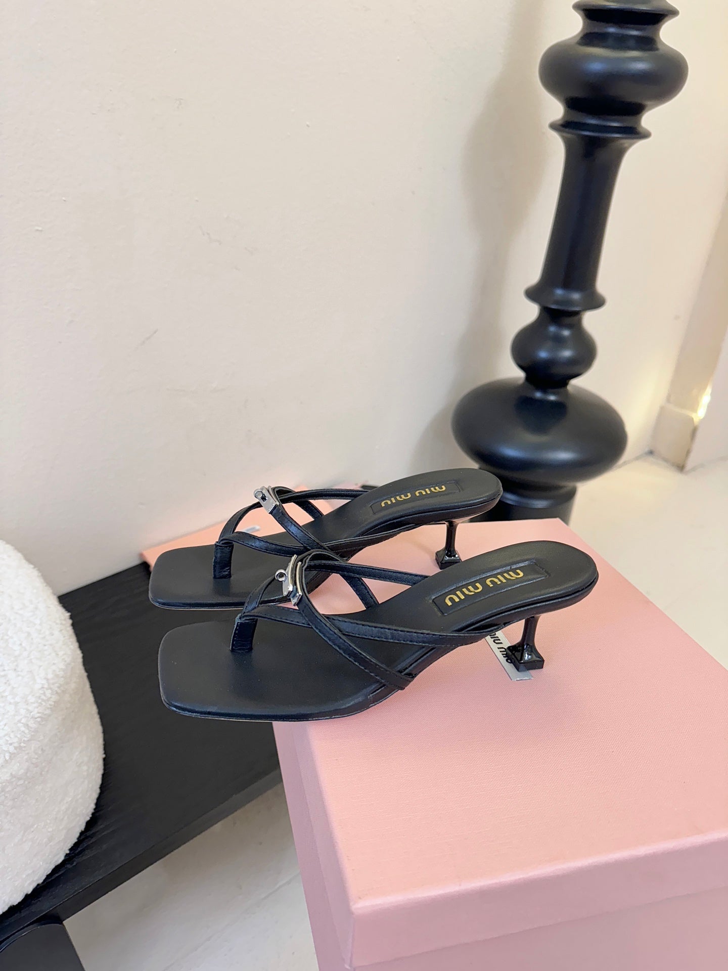 MIU High Heeled Sandals 50 Black Sheepskin 627366