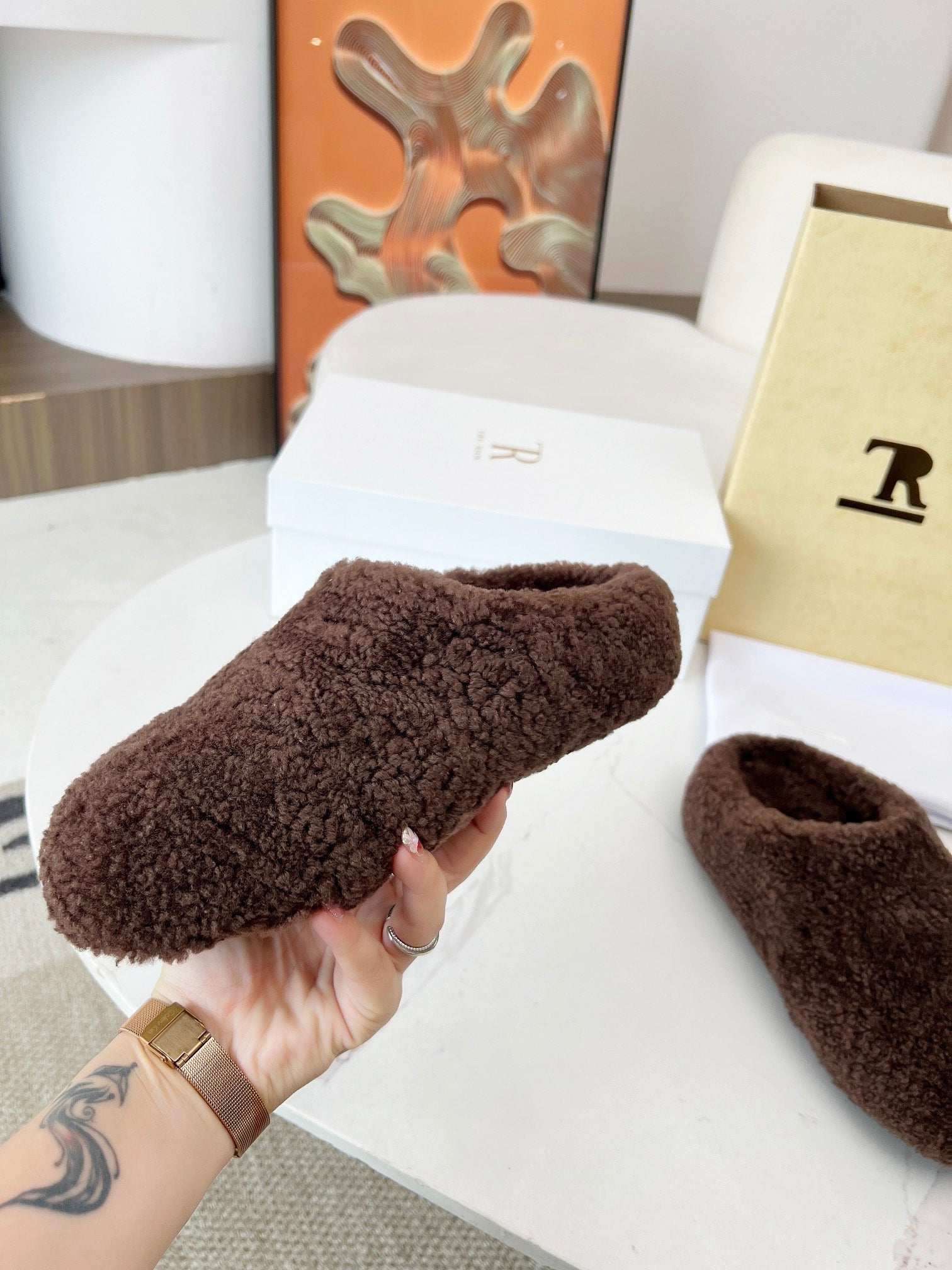 The Row 2025 Retro Oversized Toe Birkenstock Slipper Dark Brown Wool 576031