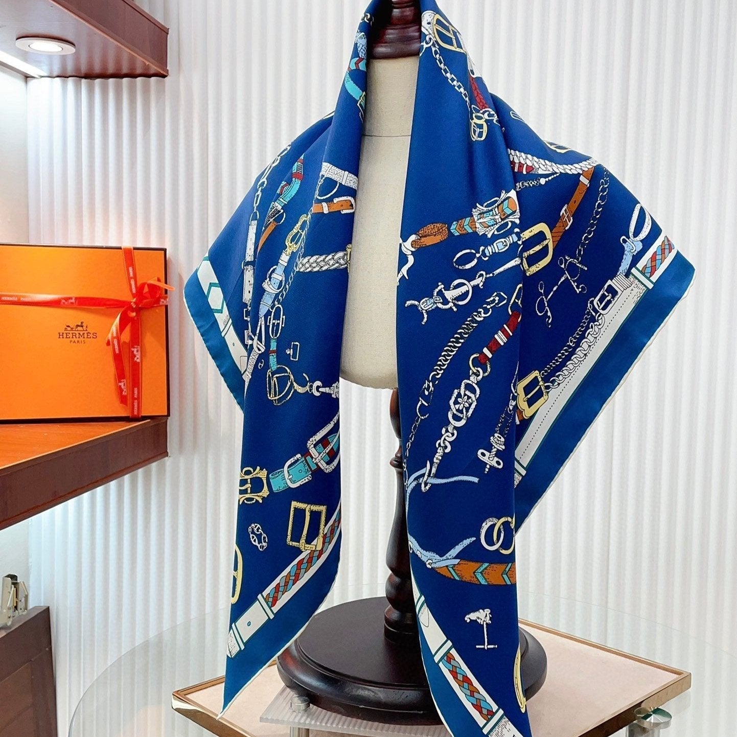 Chevaux Dechaines Shawl 90 CM In Dark Blue Colorful Silk Twill 201032