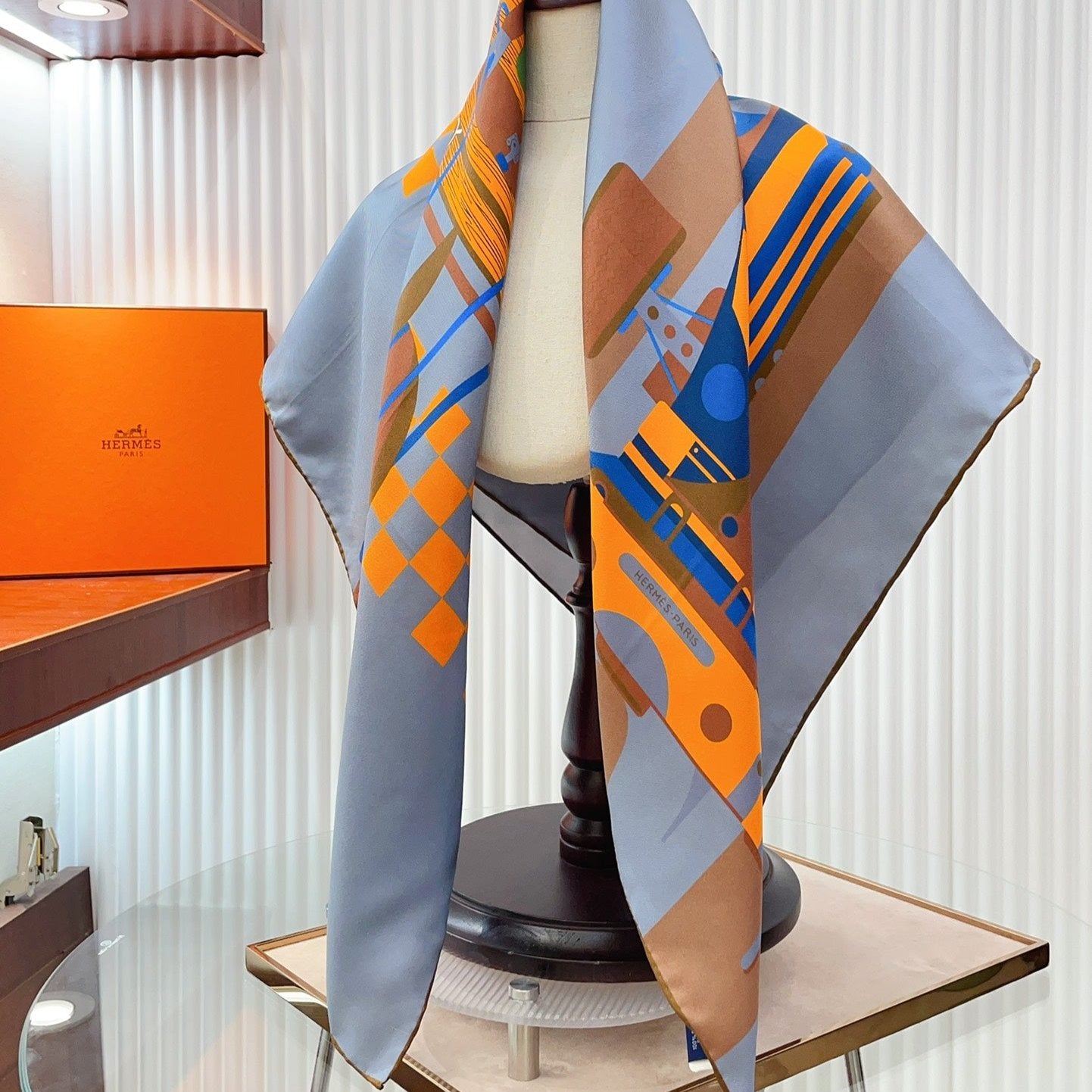 First & Chic Scarf 90 CM In Grey Blue Colorful Silk Twill 202493