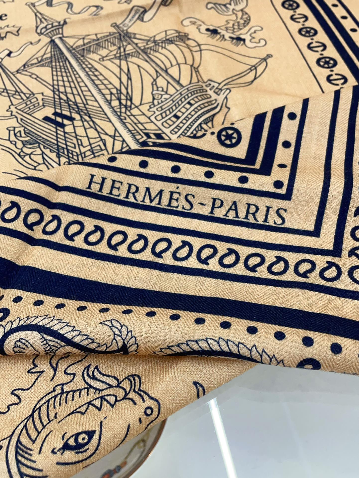 Tatouages Marins Bandana Shawl 135 CM In Dark Beige Colorful Cashmere And Silk 252314