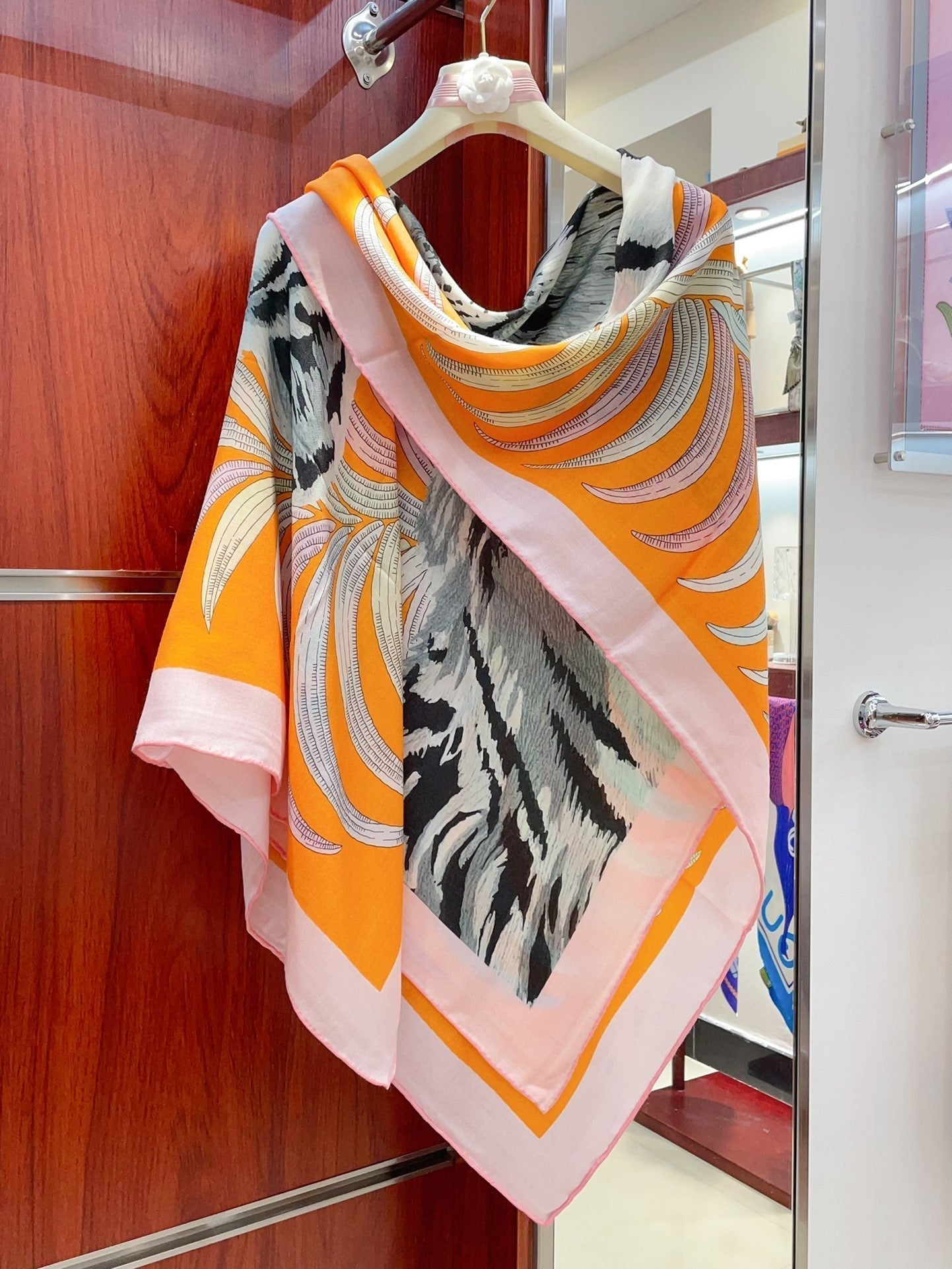 Tigre Royal Double Face Scarf 140 CM In Orange Colorful Cashmere And Silk 254646