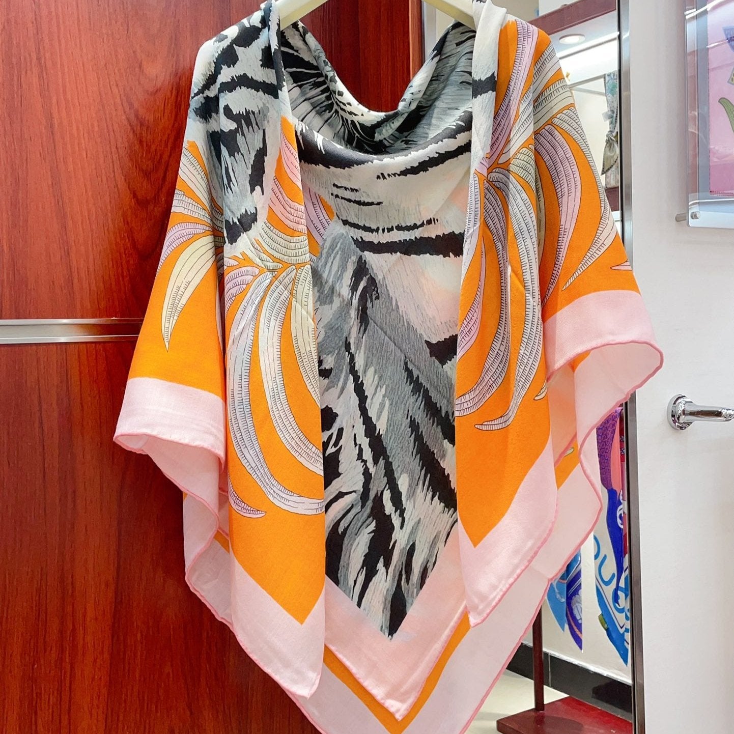 Tigre Royal Double Face Scarf 140 CM In Orange Colorful Cashmere And Silk 254646
