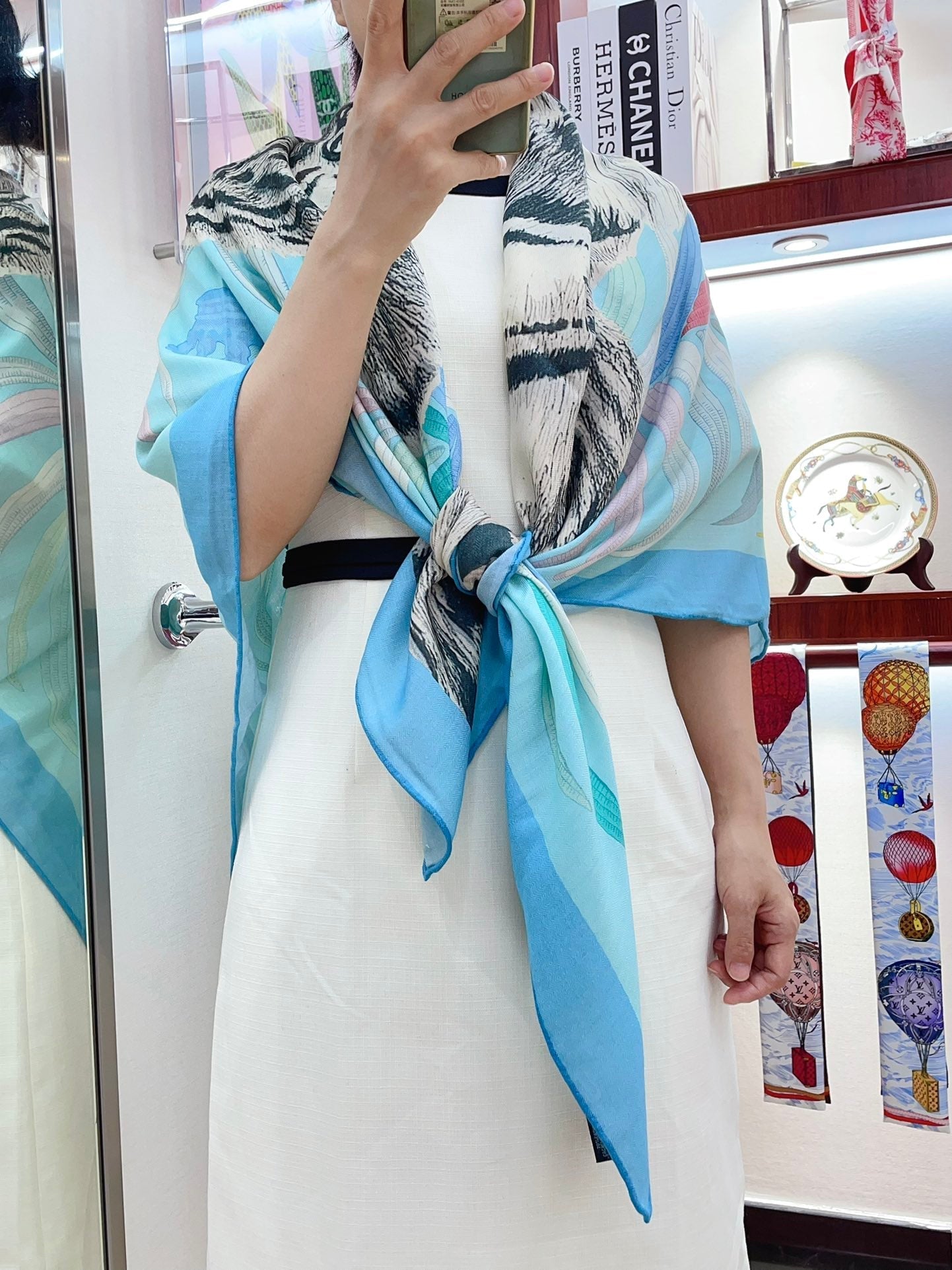 Tigre Royal Double Face Scarf 140 CM In Light Turquoise Colorful Cashmere And Silk 254647