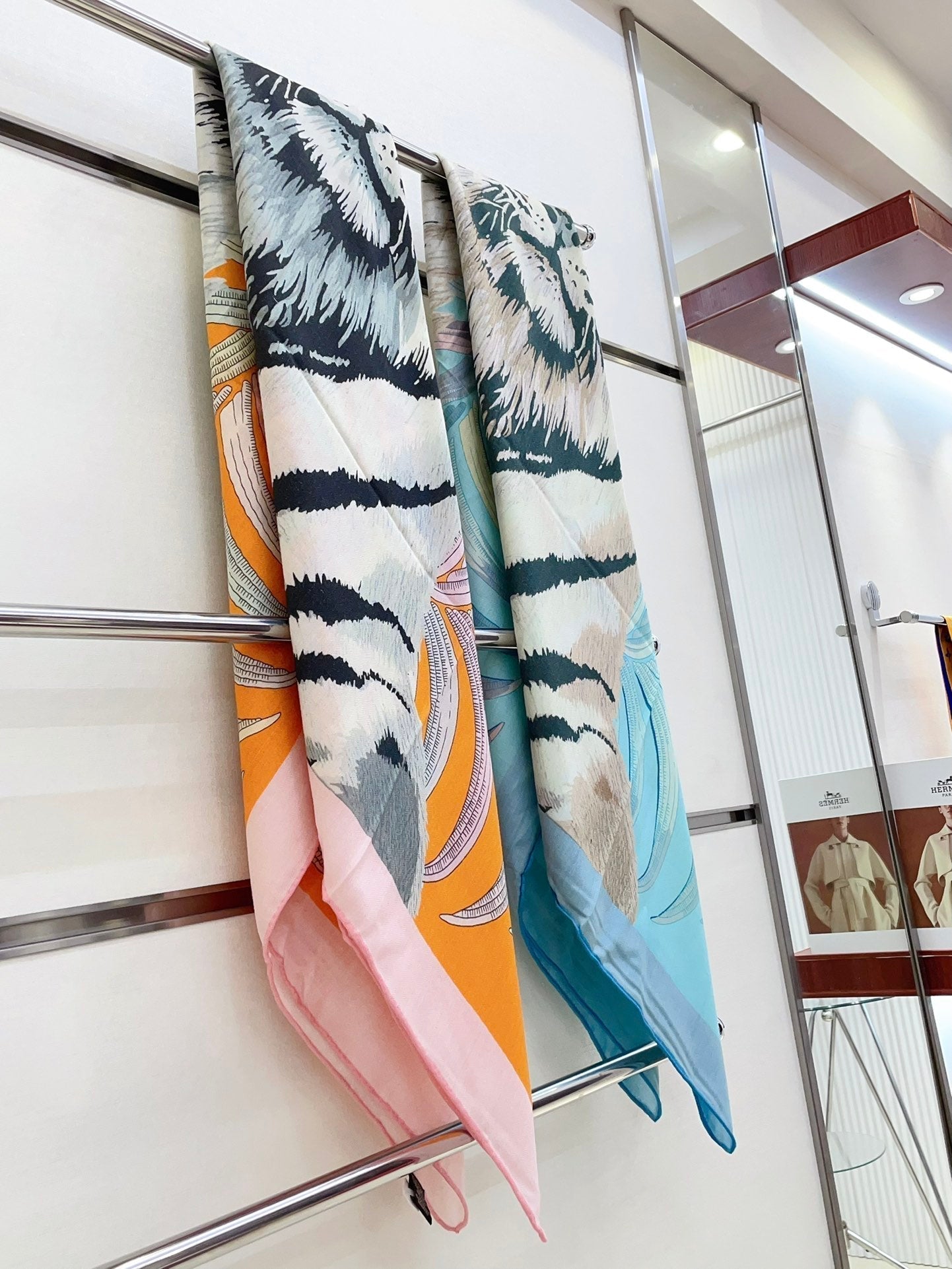 Tigre Royal Double Face Scarf 140 CM In Light Turquoise Colorful Cashmere And Silk 254647