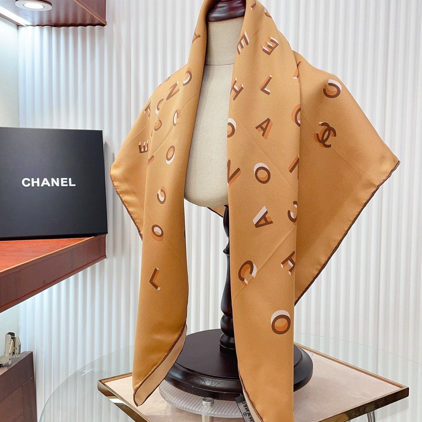 CC Square Scarf 90 CM In Dark Beige With Printed Letters Silk Twill 300436