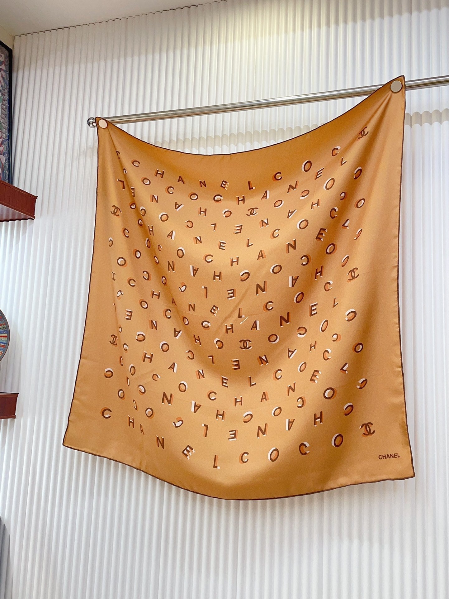 CC Square Scarf 90 CM In Dark Beige With Printed Letters Silk Twill 300436