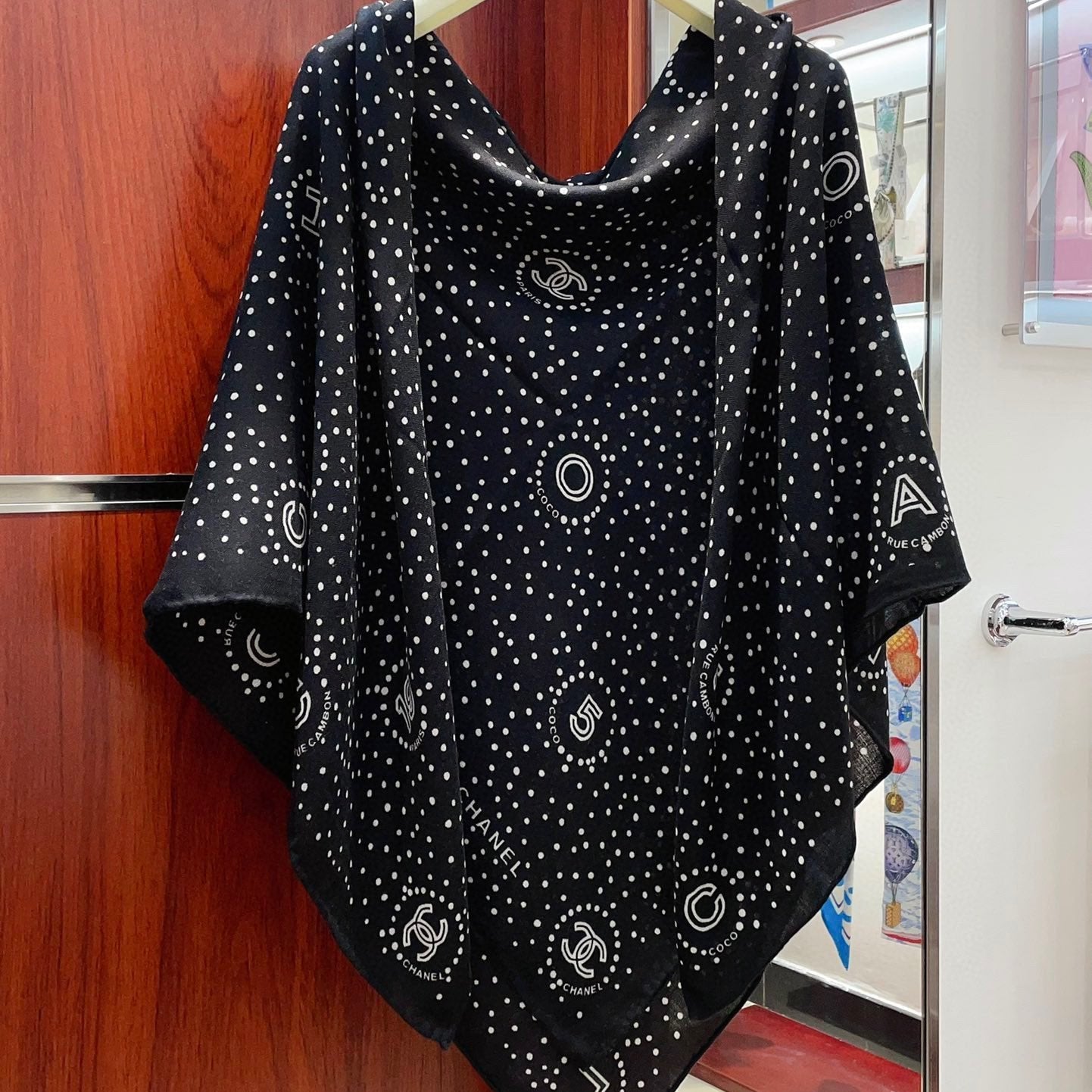 CC Square Scarf 140 CM In Black White Polka Dot Cashmere Silk 337147