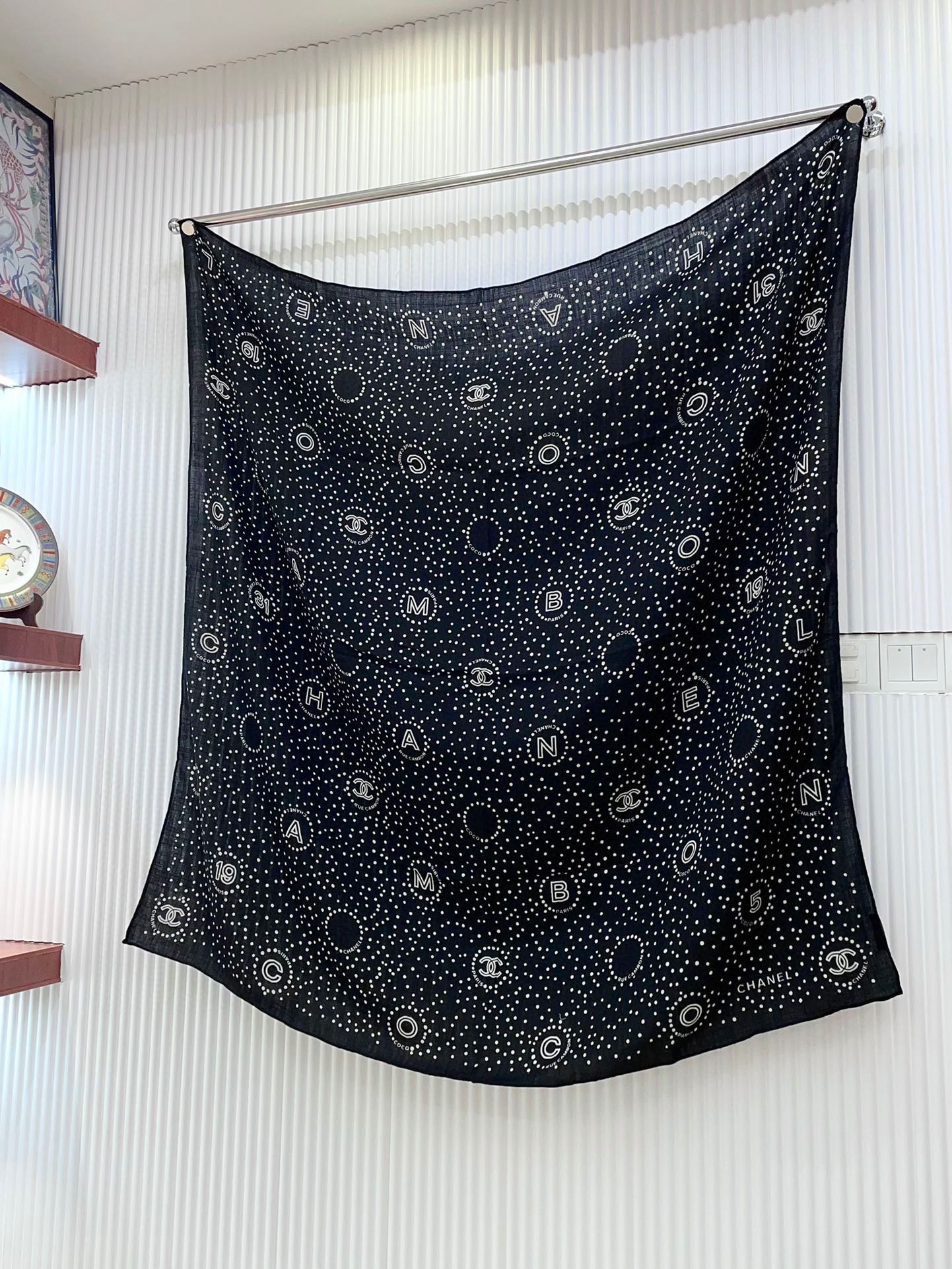 CC Square Scarf 140 CM In Black White Polka Dot Cashmere Silk 337147
