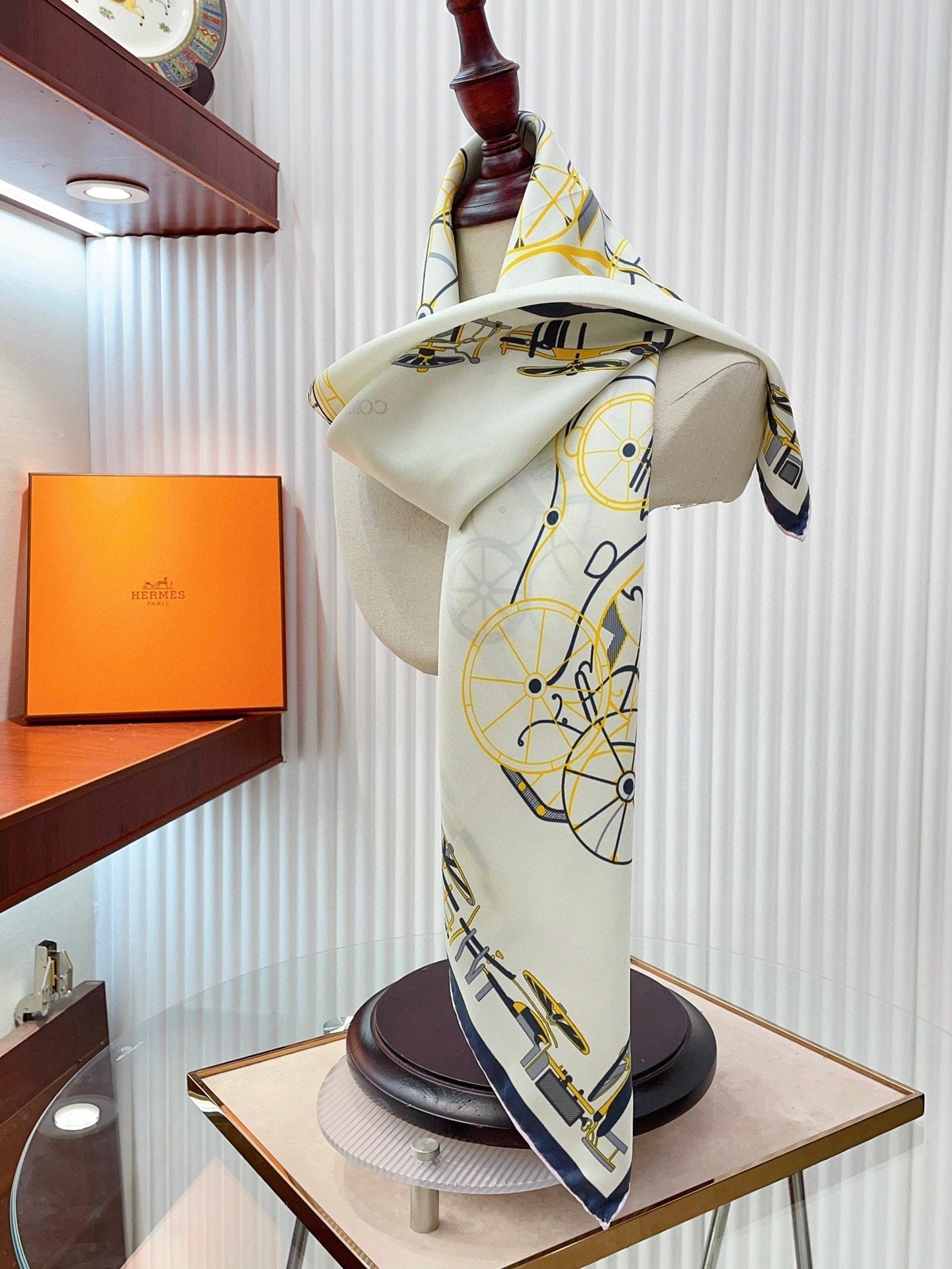 Complication Equestre Scarf 90 CM In White Yellow Coloful Silk Twill  345898