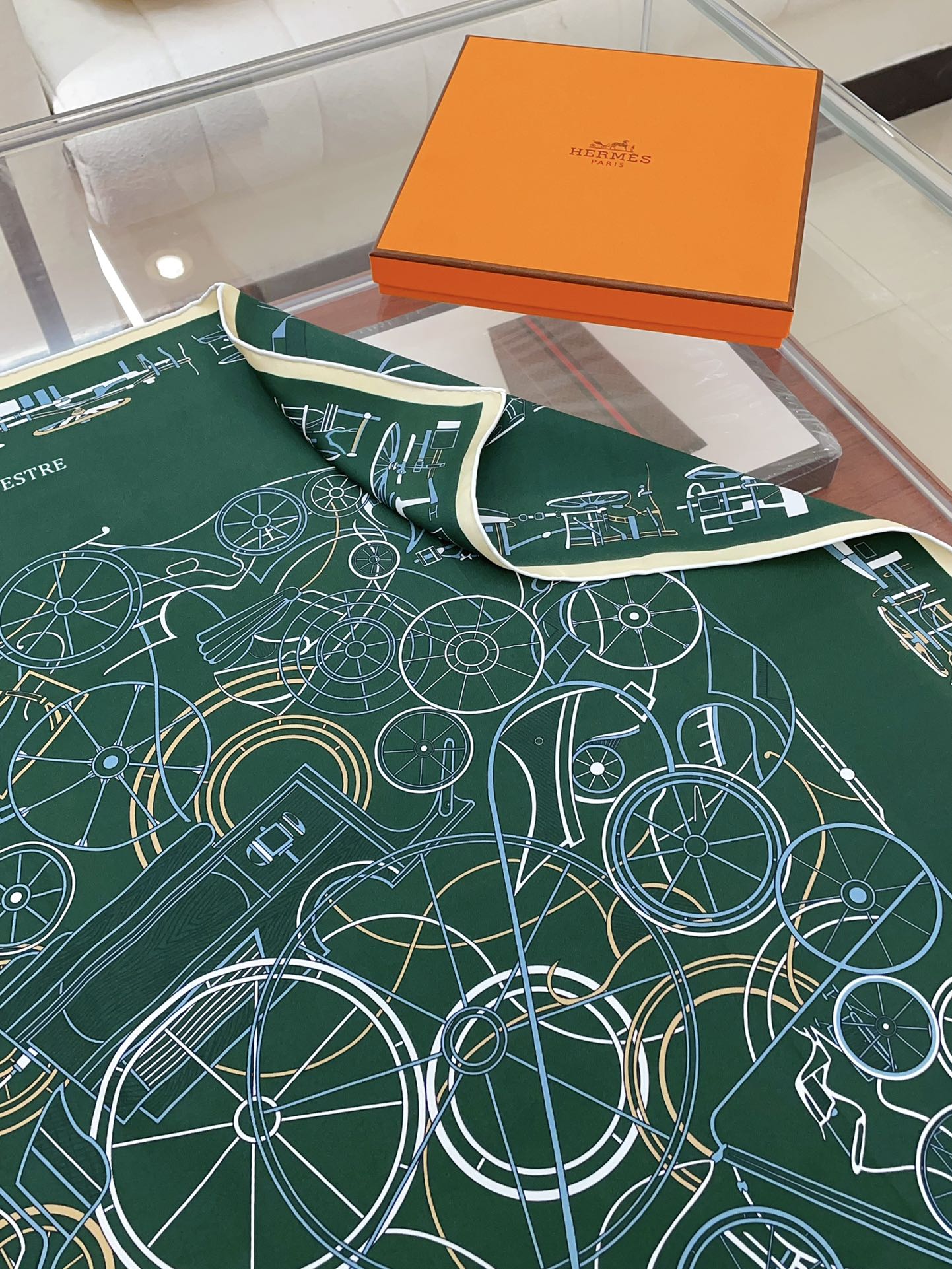 Complication Equestre Scarf 90 CM In Green Coloful Silk Twill  345899