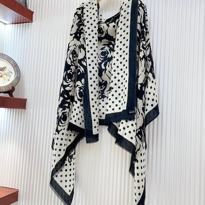 CC Scarf 200 CM In White Mix Black Small Flower Cashmere Silk 351691