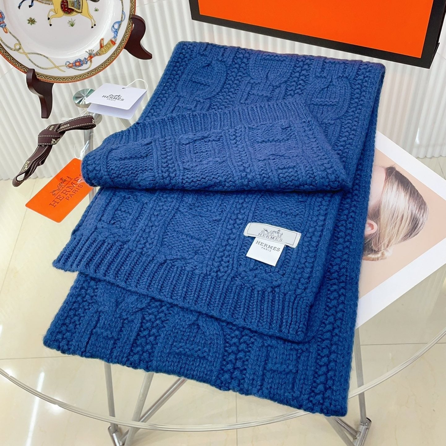 Faubourg Muffler Scarf 170 CM Blue Cashmere Handwoven  356202