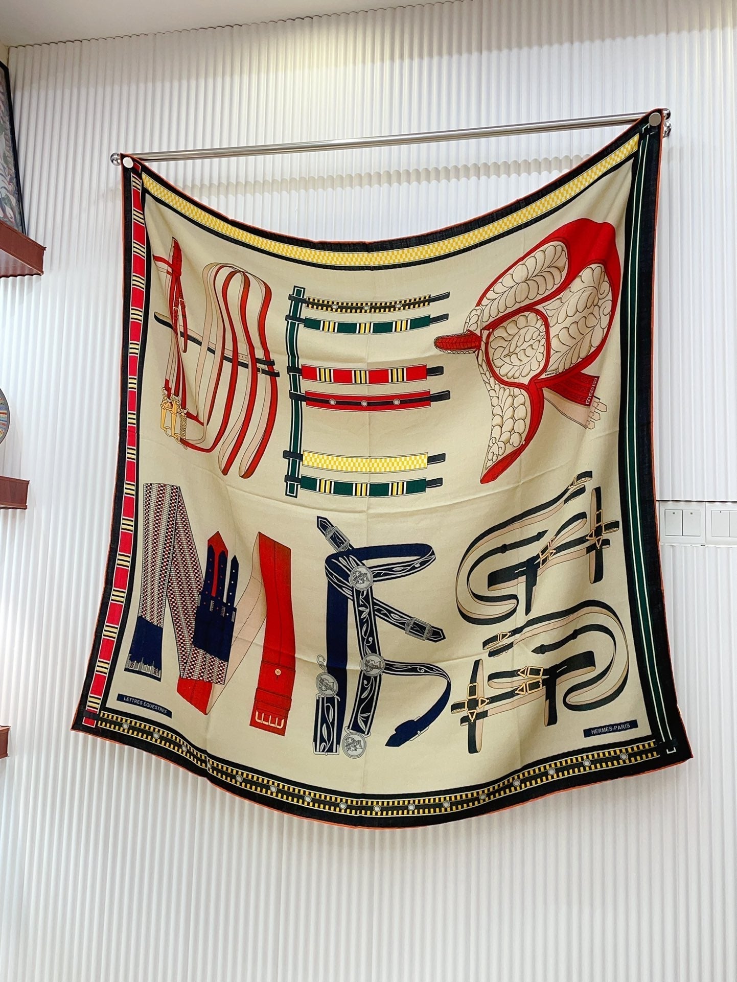 HM Lettres Equestre Scarf 140 CM In White Colorful Cashmere And Silk 359399