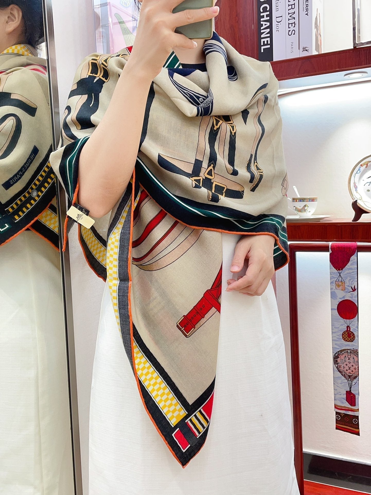HM Lettres Equestre Scarf 140 CM In White Colorful Cashmere And Silk 359399