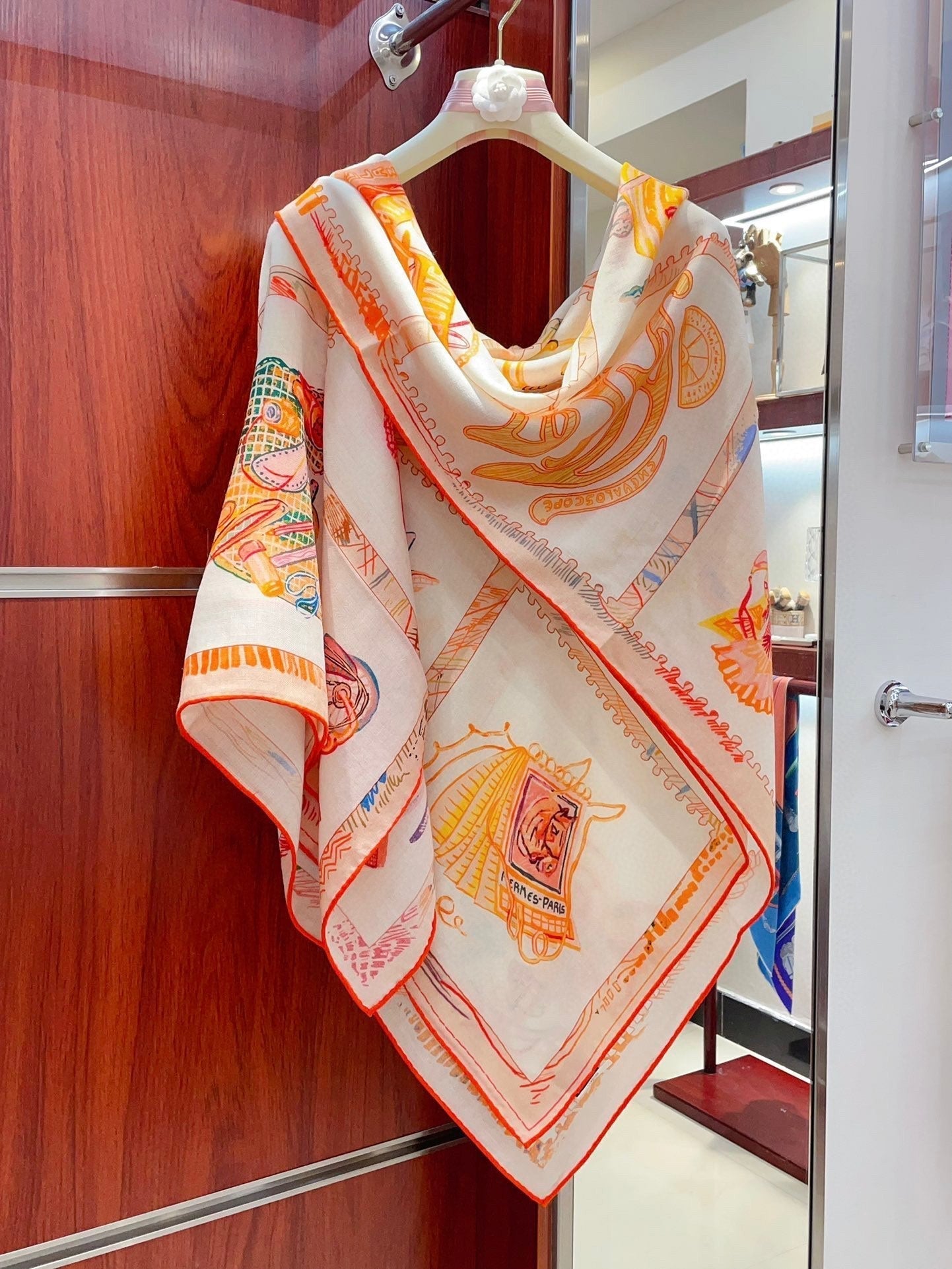 Chevaloscope Scarf 140 CM In Yellow Orange Colorful Cashmere And Silk 373659