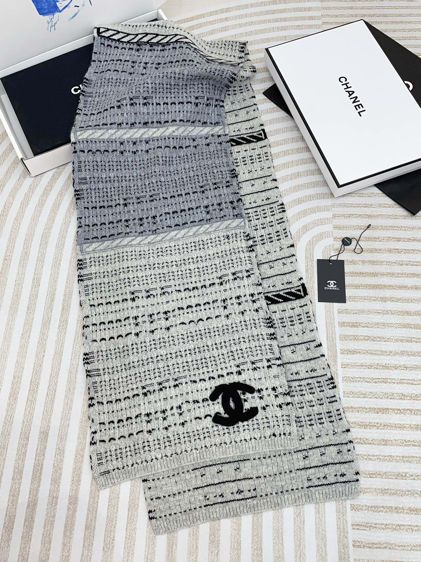 CC Scarf 180 CM In White Grey Mix Black Wool  388185