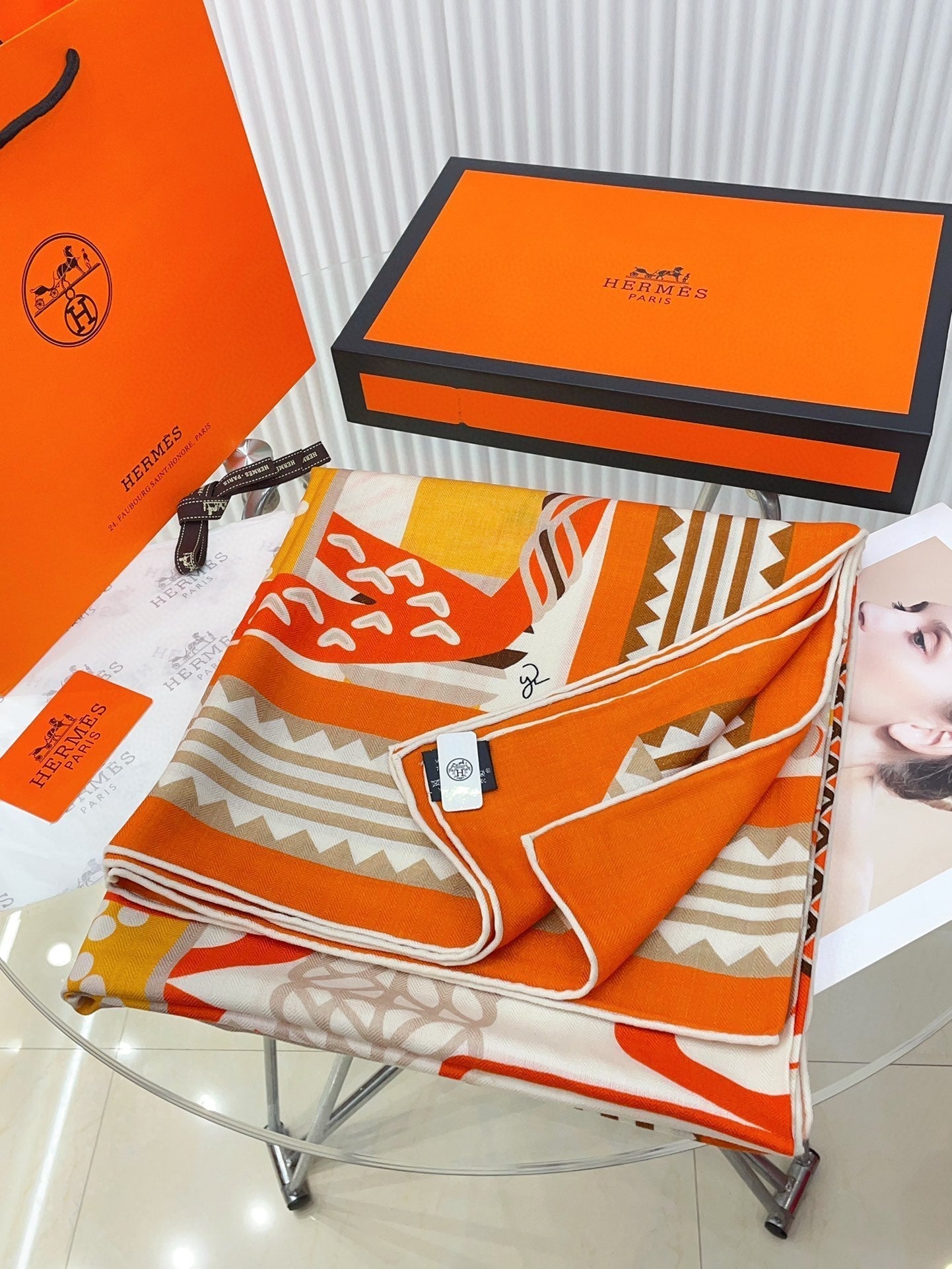 Fantaisie d'Etriers Shawl 135 CM Orange Colorful Cashmere And Silk 402081