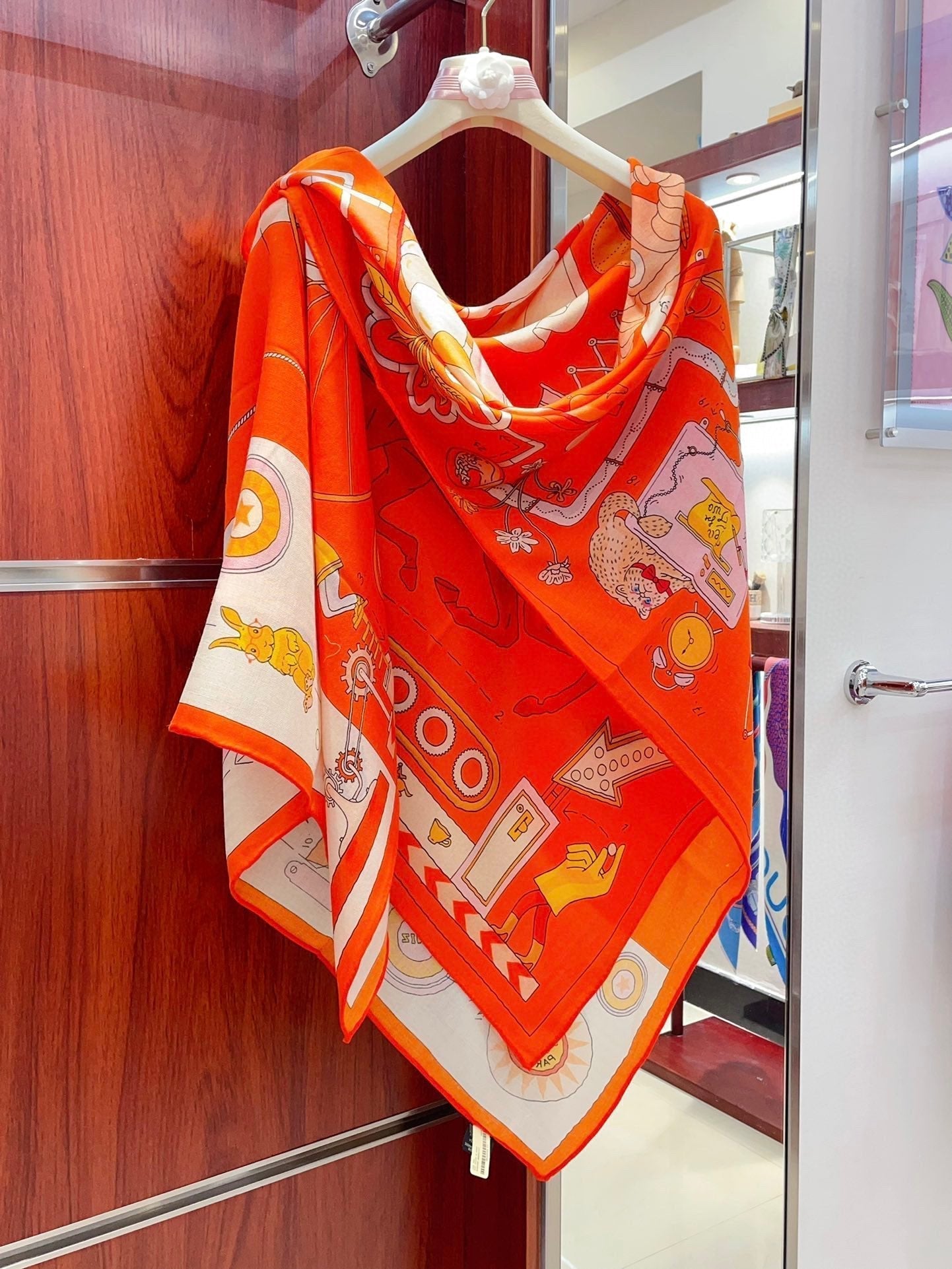 Tea For Two Scarf 140 CM Orange Colorful Cashmere And Silk 403890
