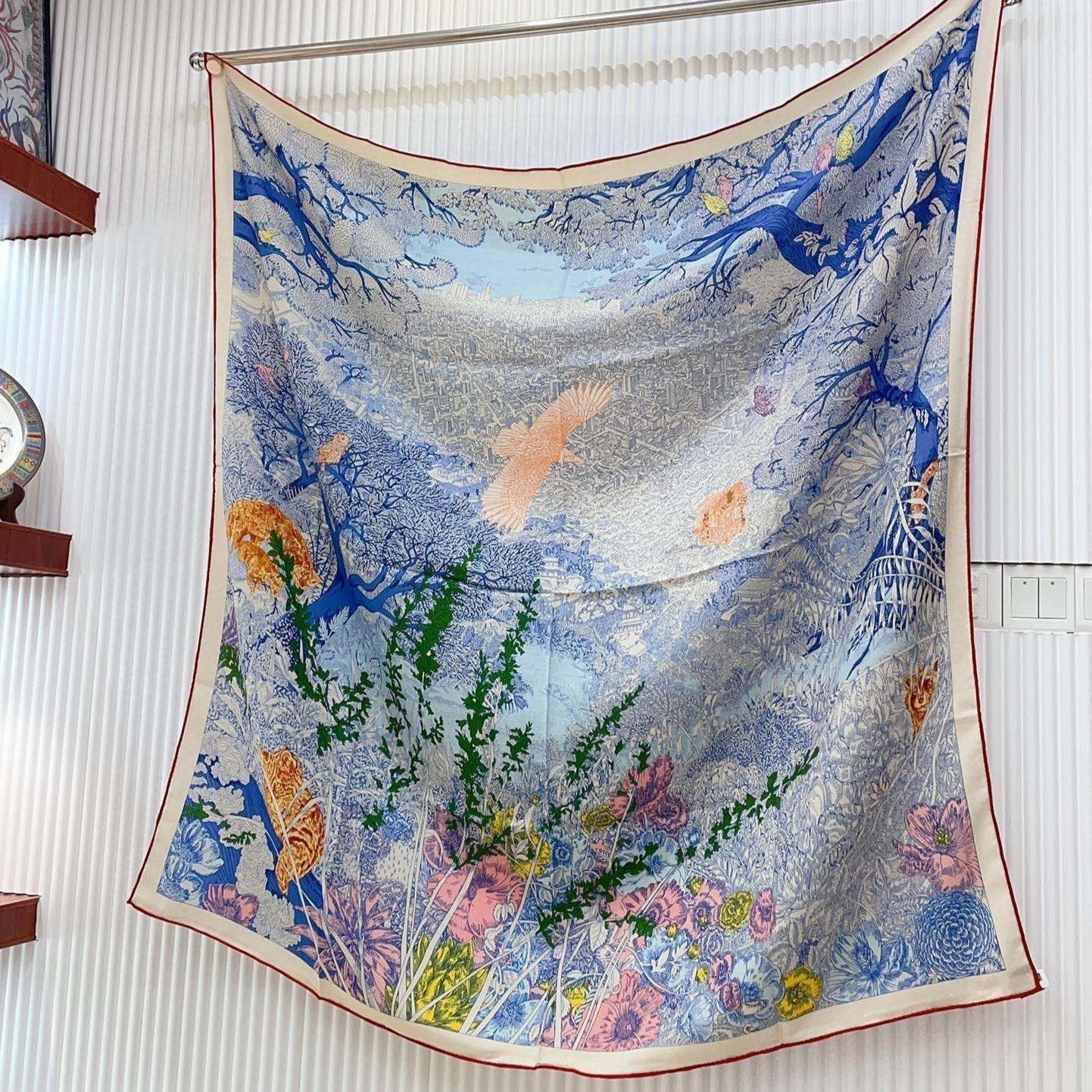 Square Scarf 140CM In Dakr Blue Colorful Cashmere And Silk