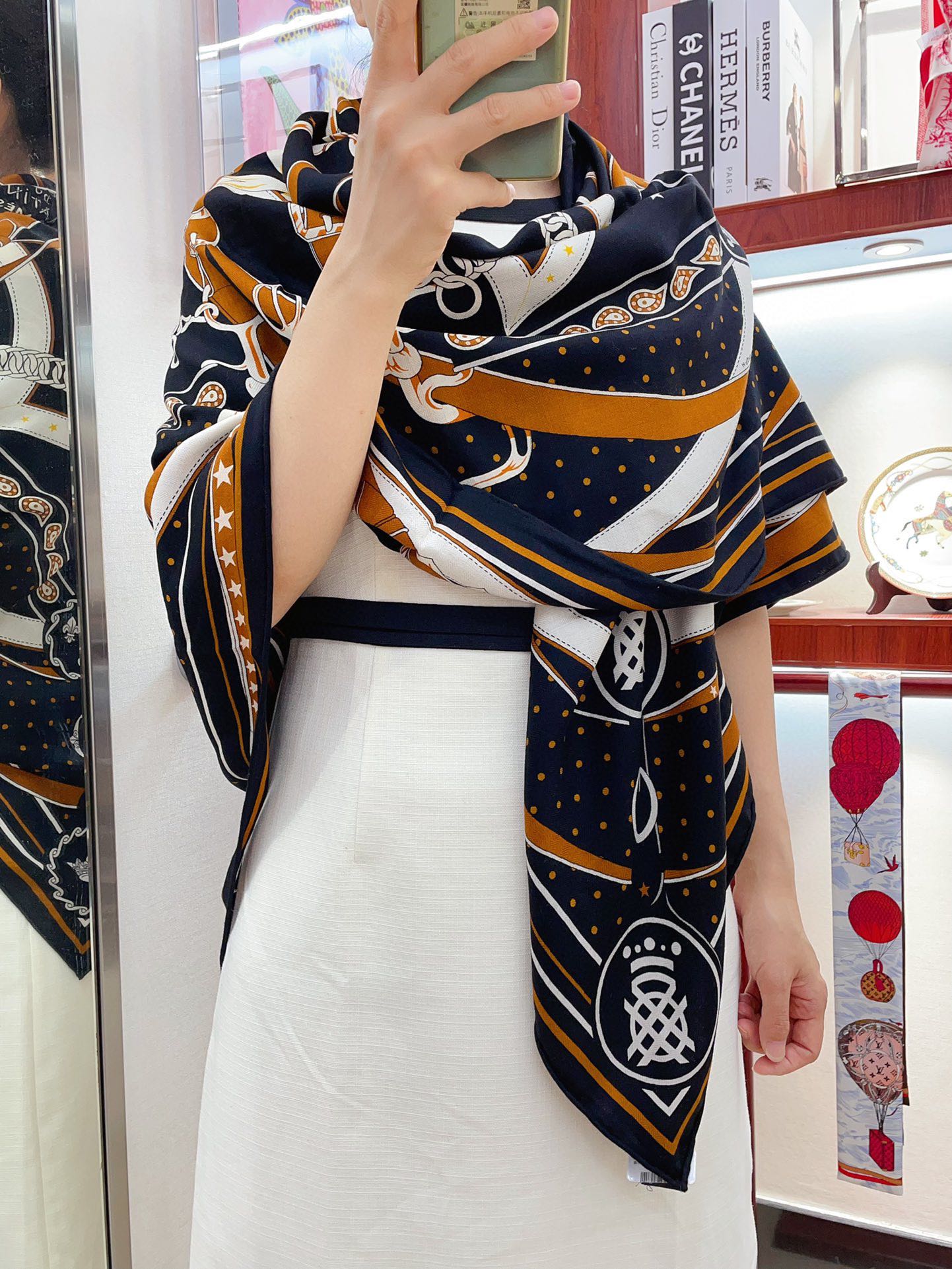 Square Scarf 140CM Black Mix Orange White Cashmere And Silk