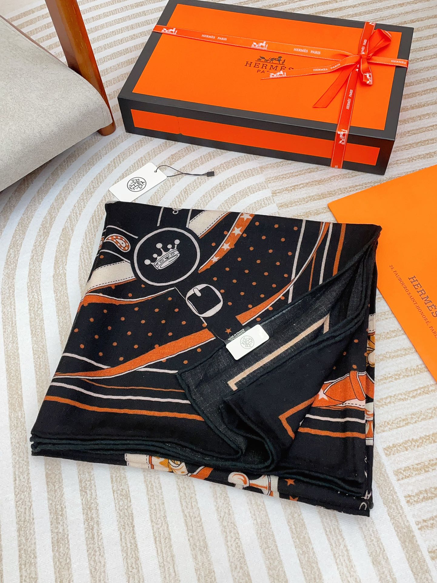 Square Scarf 140CM Black Mix Orange White Cashmere And Silk
