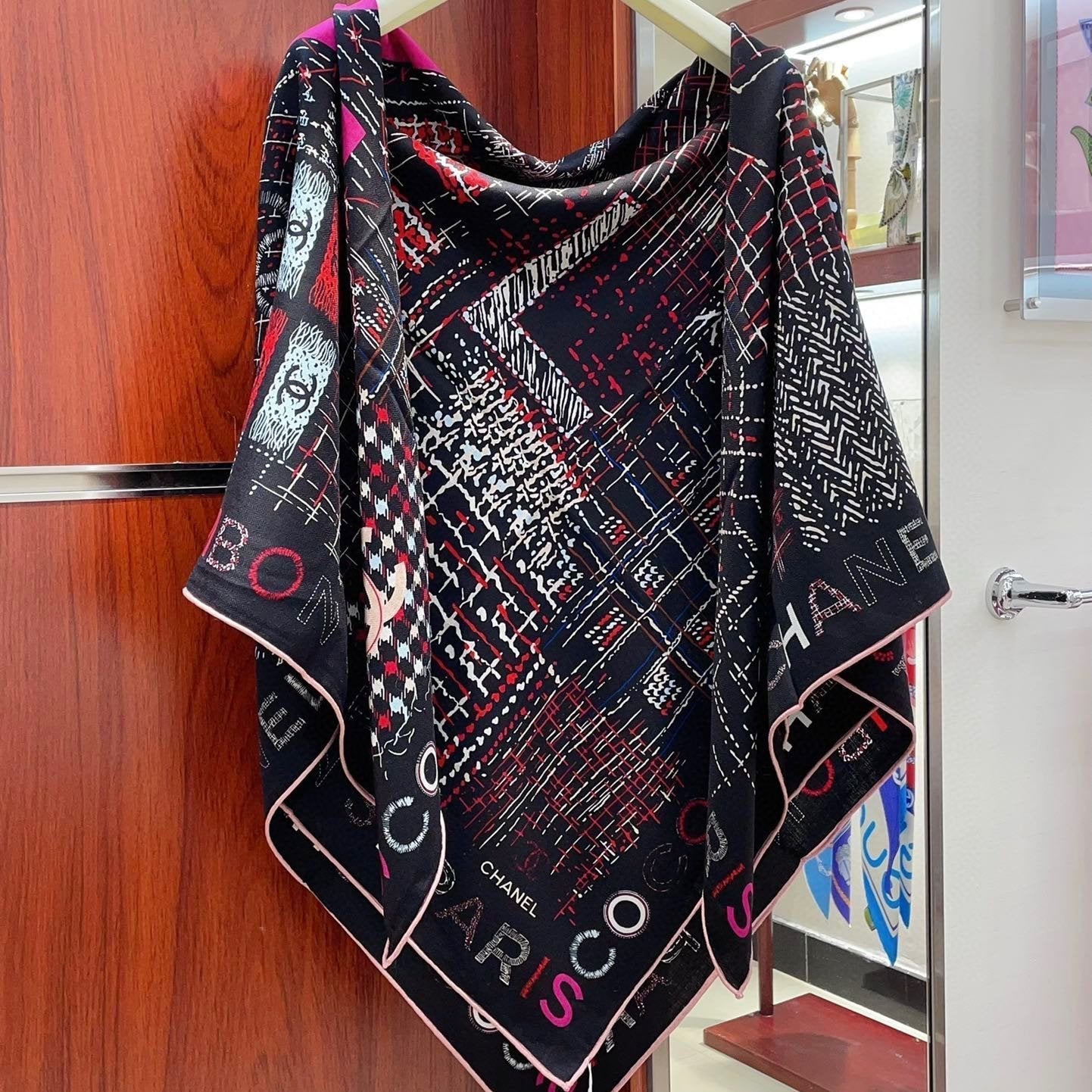 CC Square Scarf 140 CM In Black Colorful Cashmere And Silk 411594