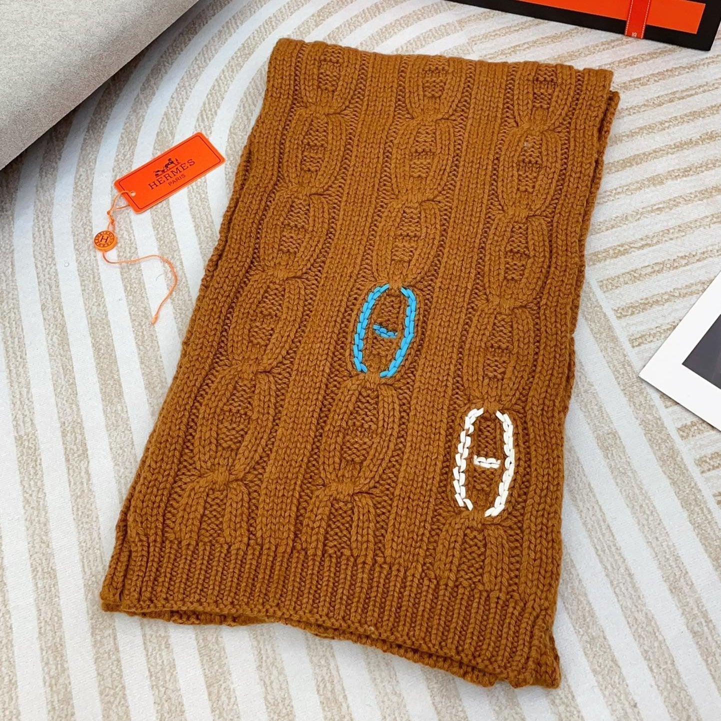 Scarf 170 CM Brown Orange Cashmere Handwoven