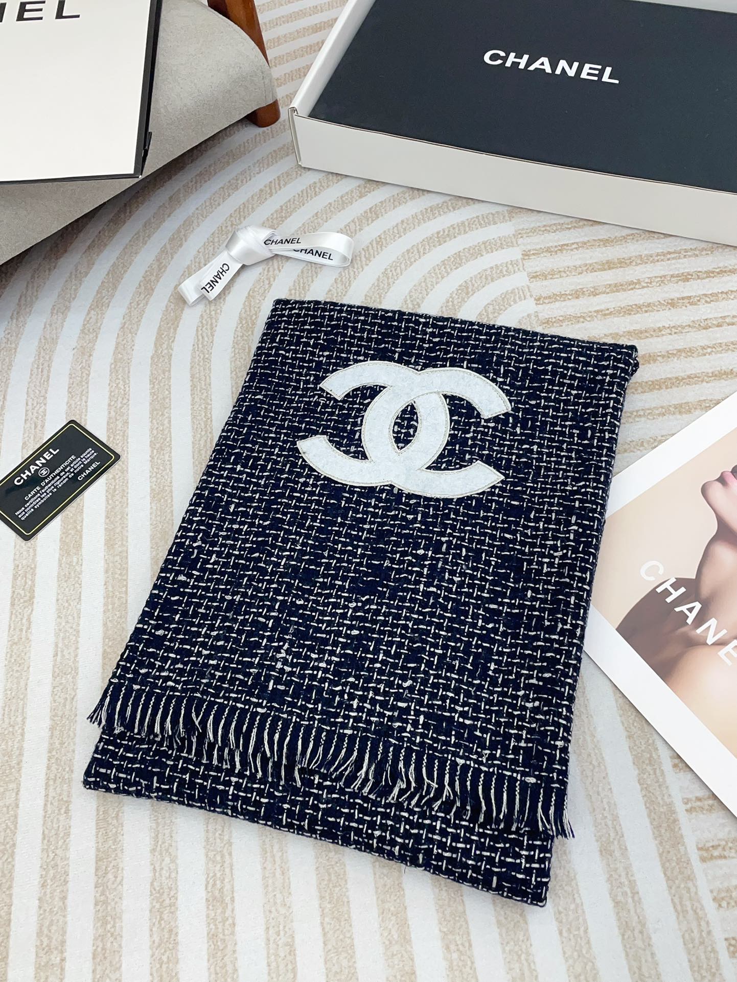 CC Scarf 190 CM In Charcoal Blue Mix White Cashmere  421408