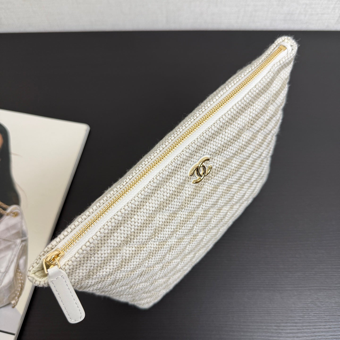 Chanel 26 Woven Clutch 19 White Beige Canvas