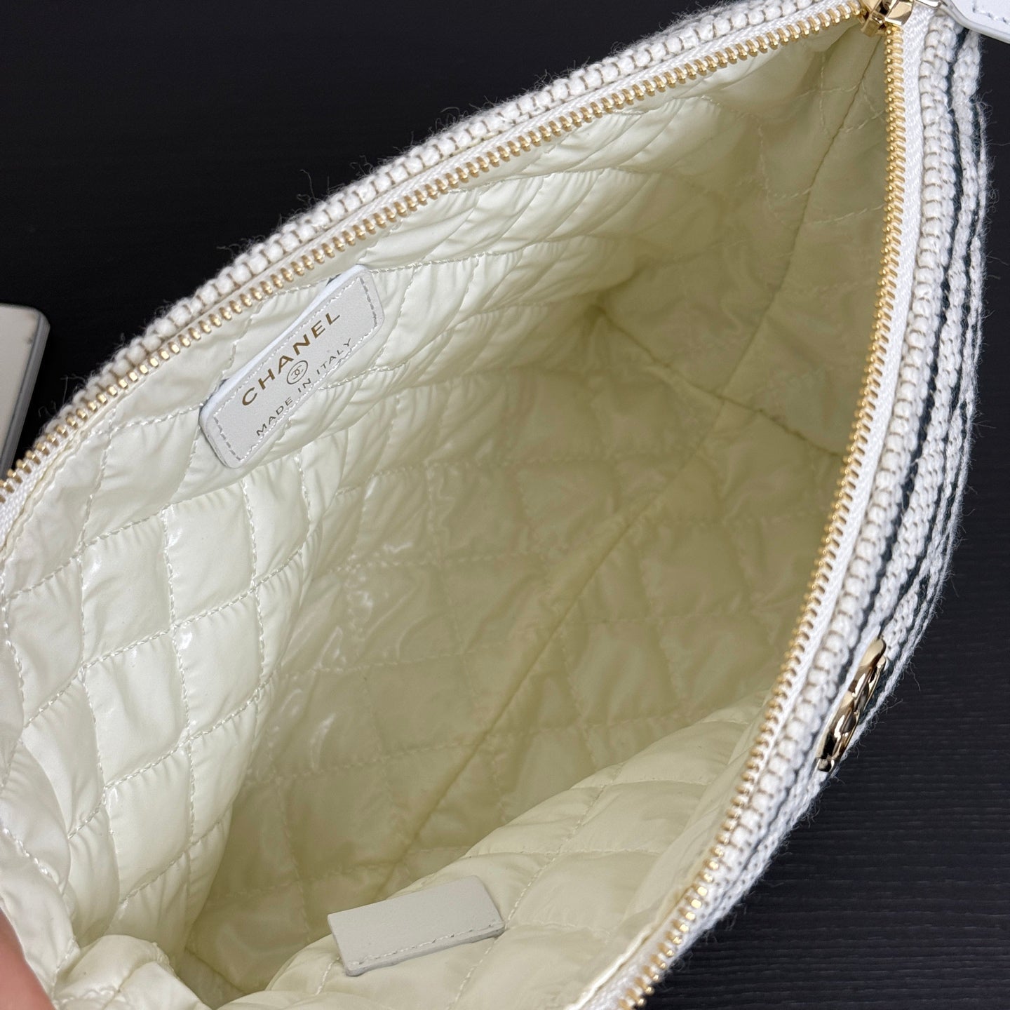 Chanel 26 Woven Clutch 19 White Black Canvas