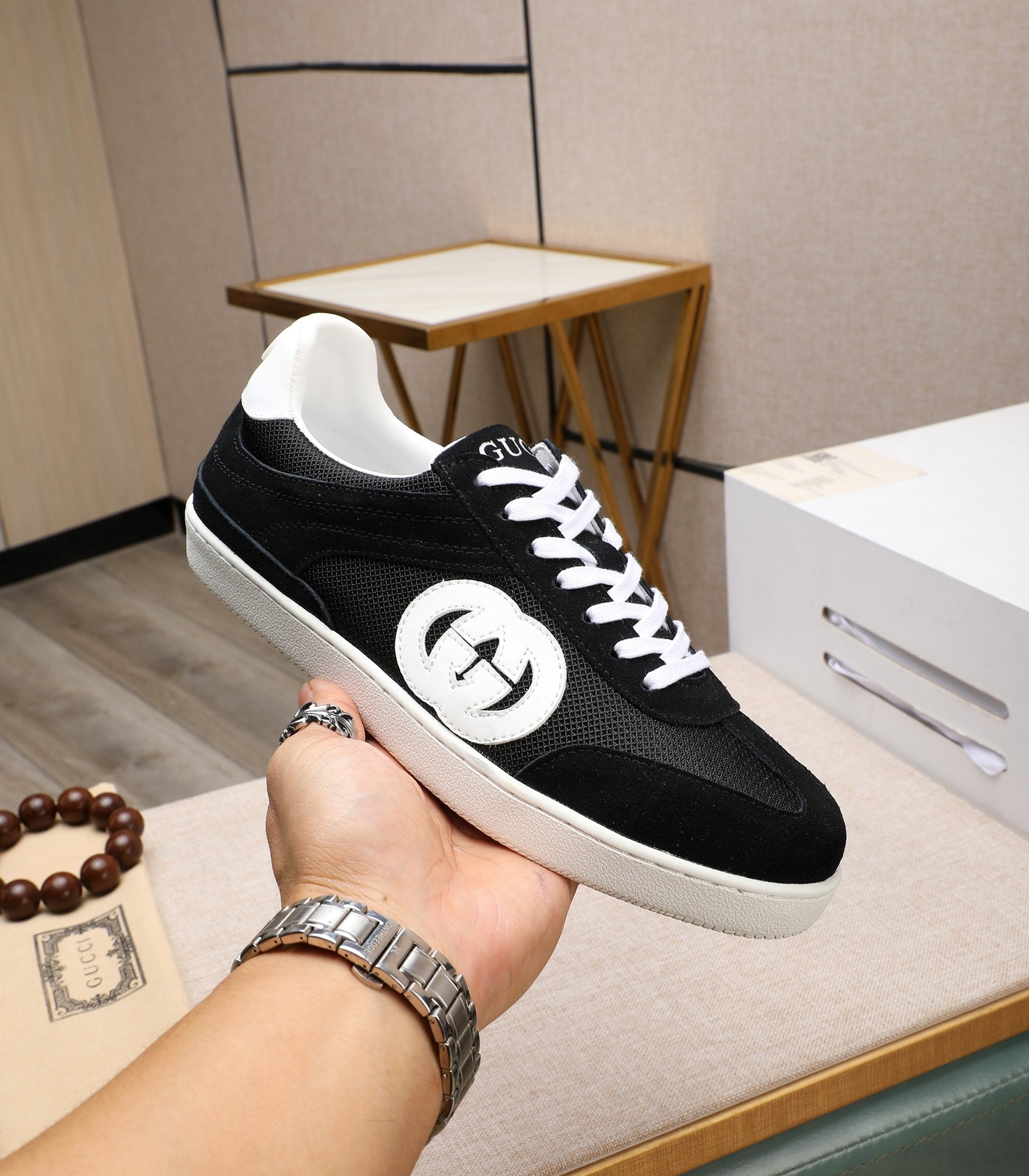 GG Men's G75 Sneaker Black White Mesh Suede 477879