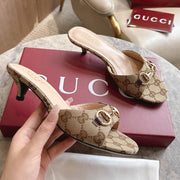 Gucci 2026 Horsebit High-Heeled Sandals Beige Canvas Leather