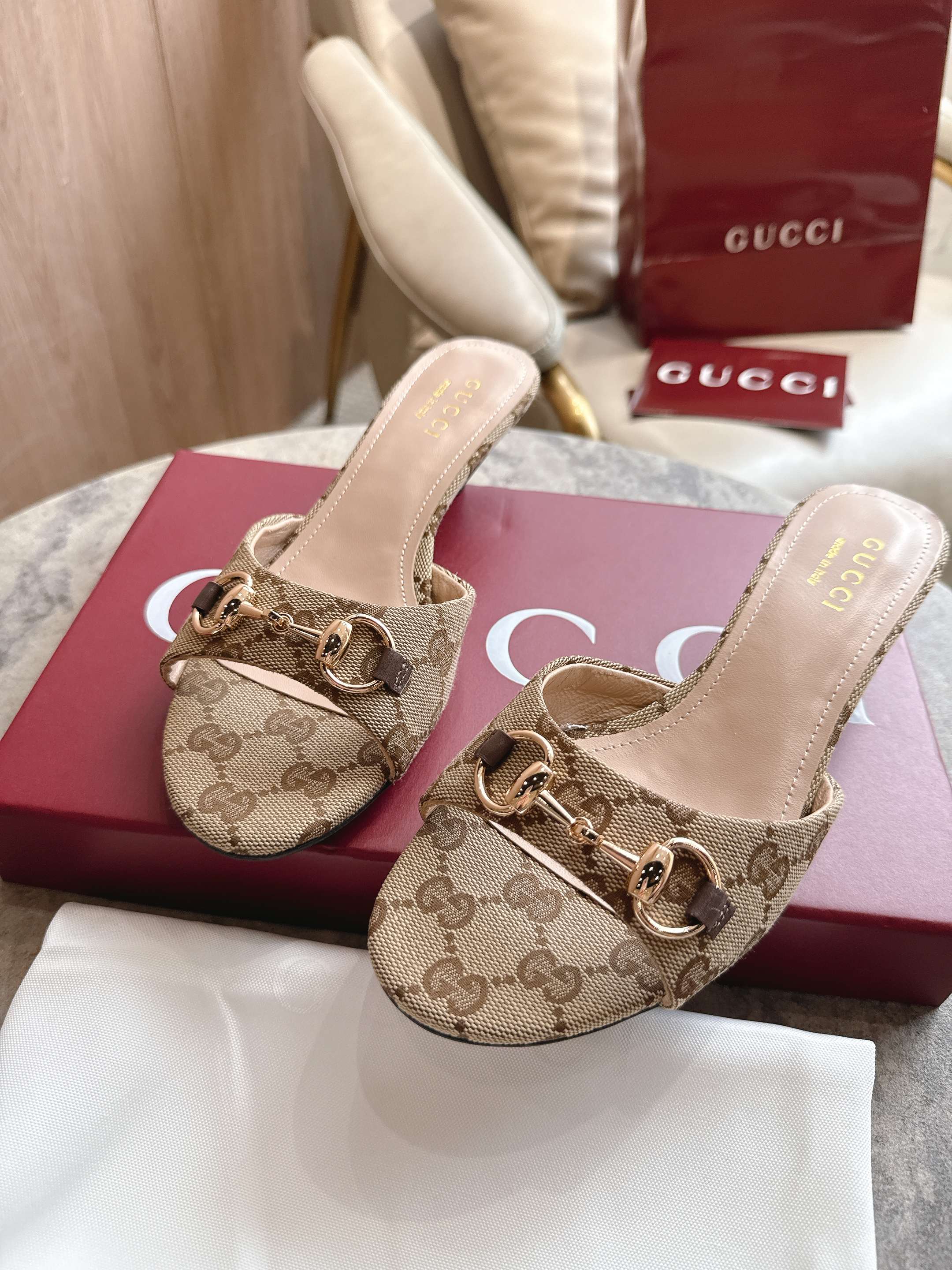 Gucci 2026 Horsebit High-Heeled Sandals Beige Canvas Leather