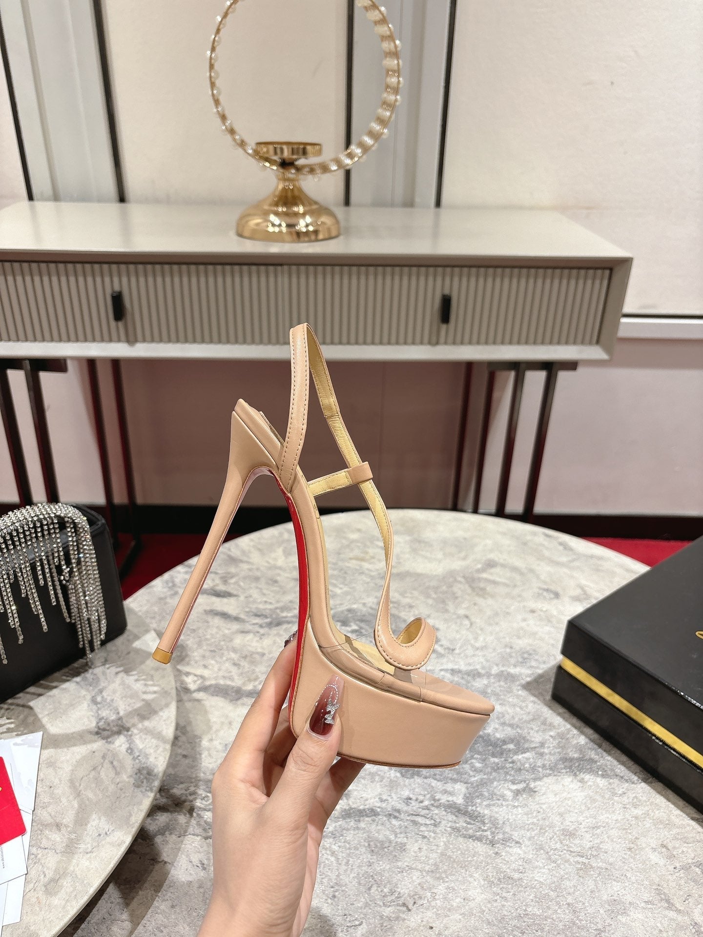 CL Rosalie Alta Sandal 150mm Nude Red Leather 272349
