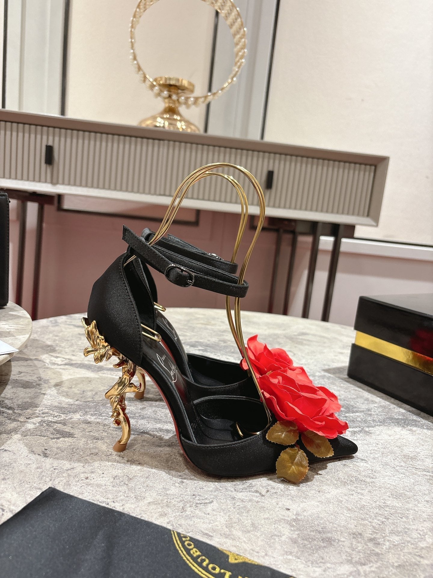 CL 25 Flower Bellarose Black Satin Fabric 346061