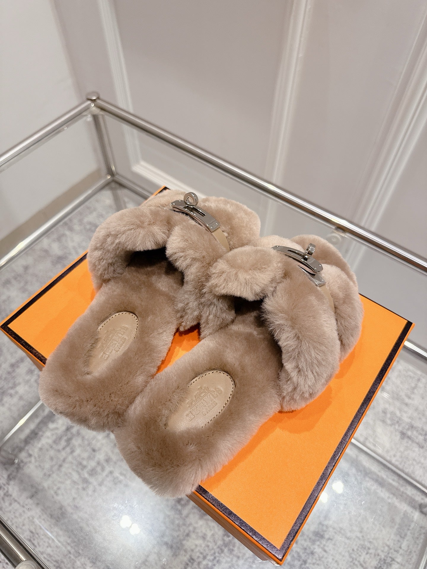 HM Oran slippers sliver buckle nude wool