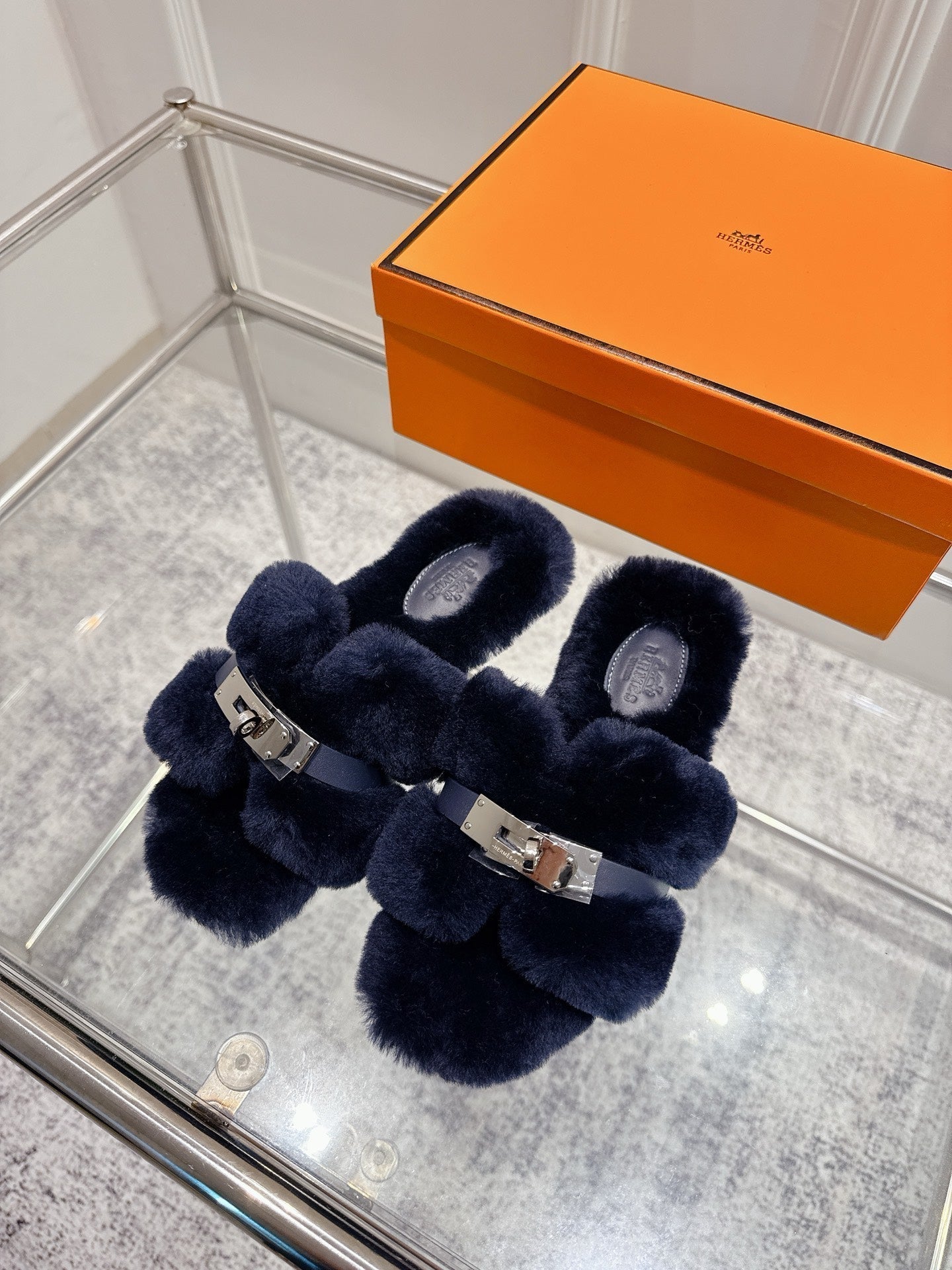 HM Oran slippers sliver buckle navy blue wool