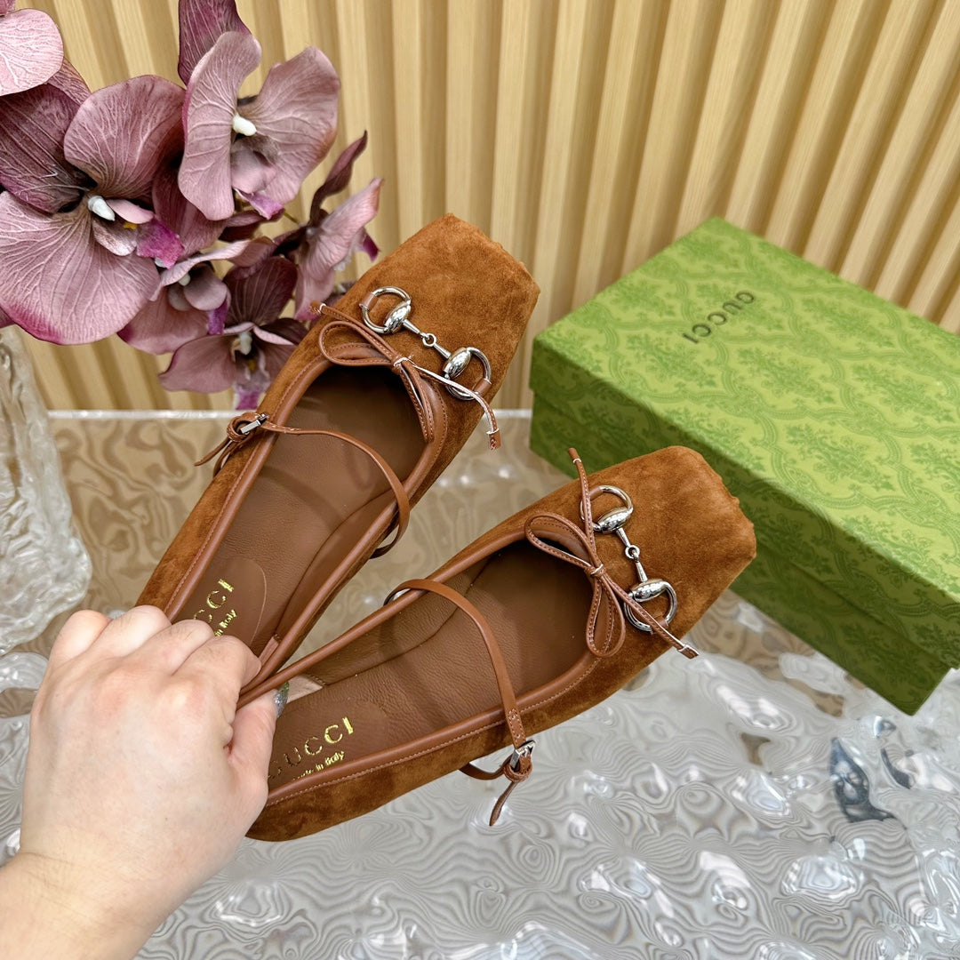 Ballet Flat In Bronze Brown Suede With Silver Hardware