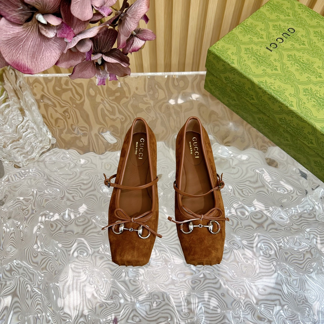 Ballet Flat In Bronze Brown Suede With Silver Hardware
