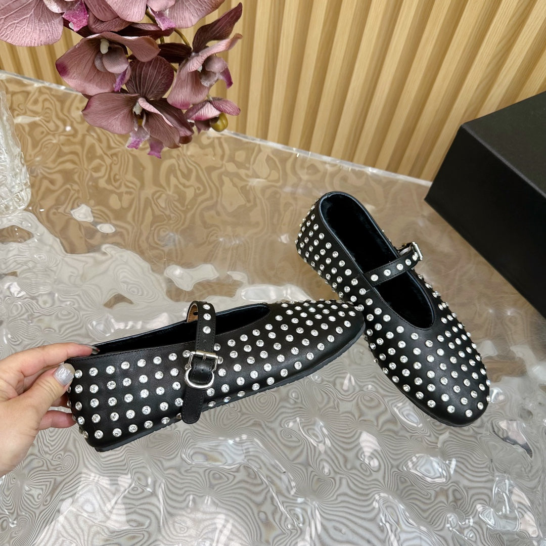 Alaia Strass Ballet Flats In Black Calfskin With Fleece Lining  926043